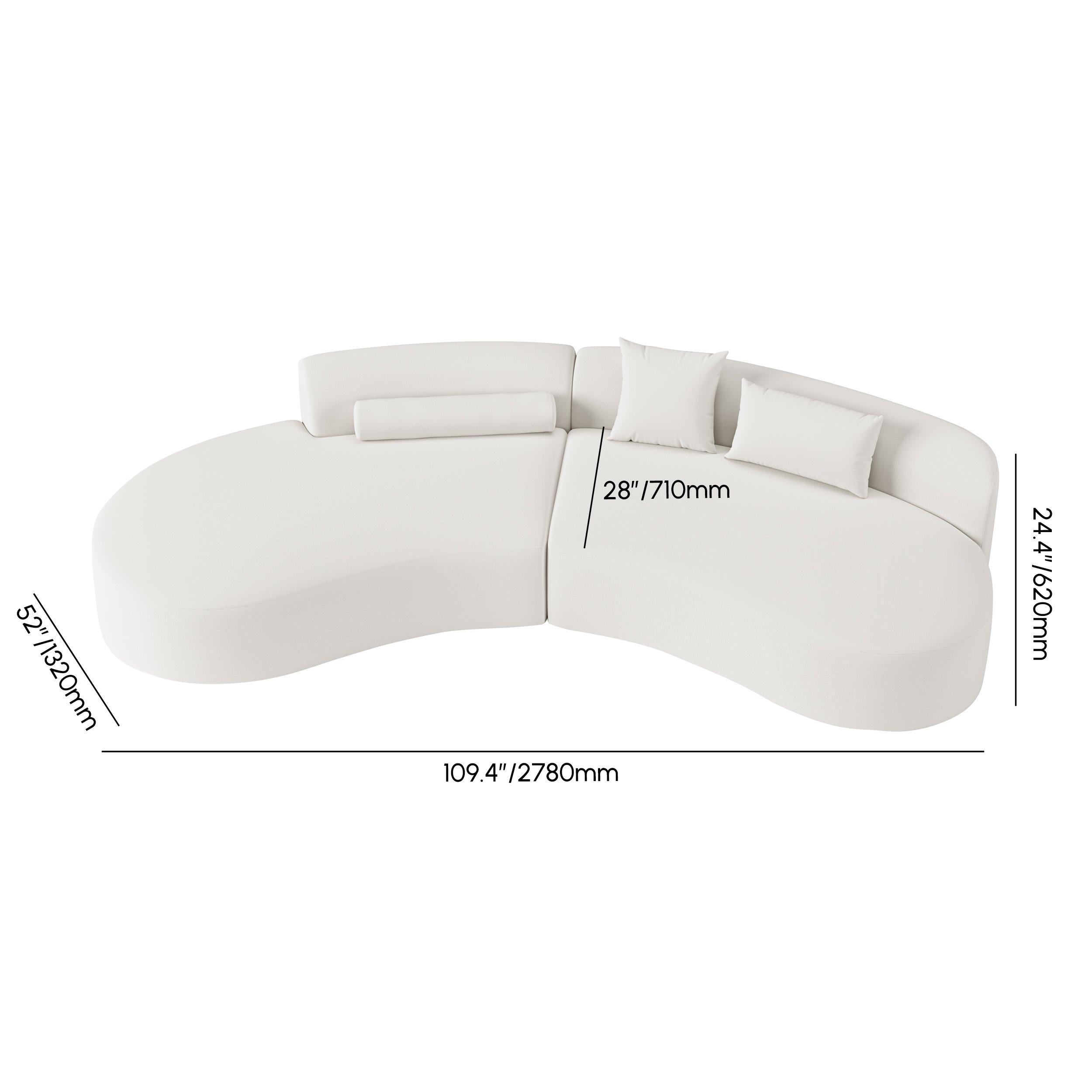 HMR 109" 2-Piece Curved Sectional Sofa with Pillows - White, Leather