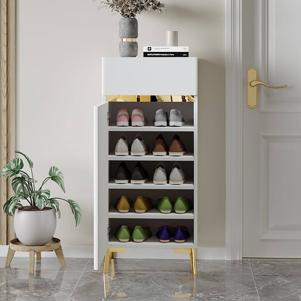 HMR - White Tall Shoe Cabinet with 5 Shelves for 10 Pairs Shoes Narrow Entryway Shoe Storage