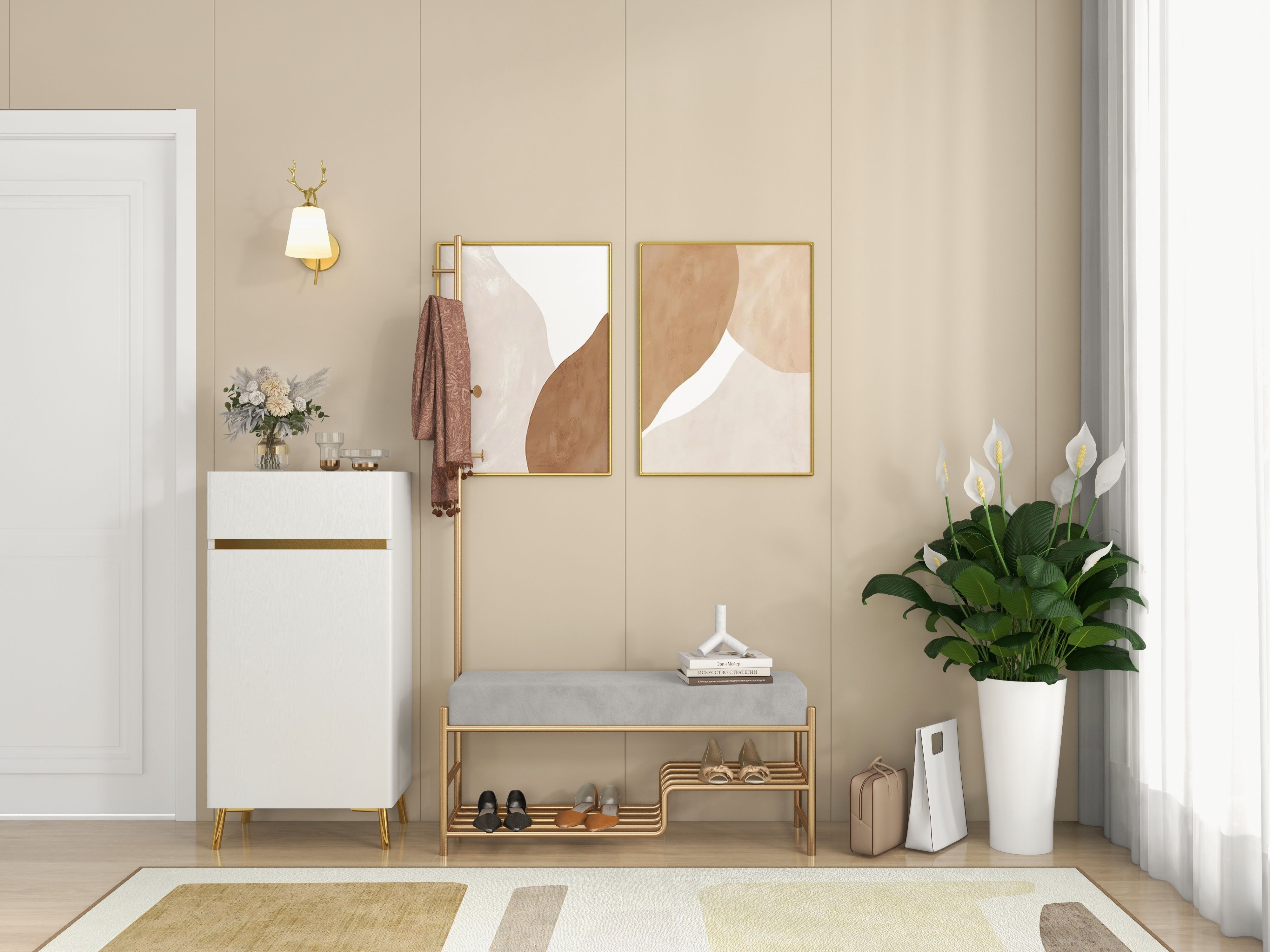 HMR - White Tall Shoe Cabinet with 5 Shelves for 10 Pairs Shoes Narrow Entryway Shoe Storage