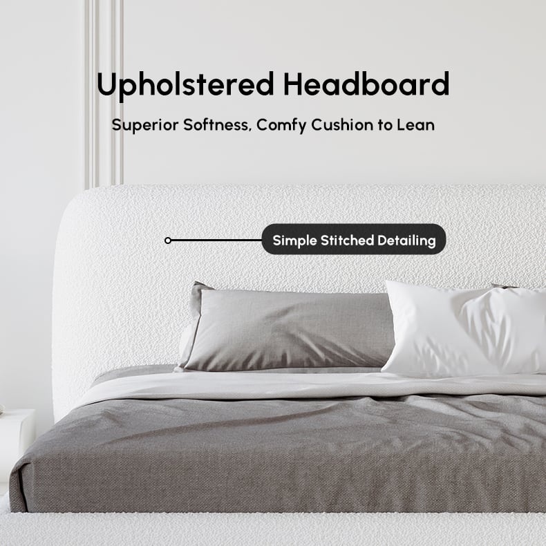 HMR Modern White Boucle Platform Bed & 2 Smart Boucle Nightstand Style B - White, King, 2 Drawers