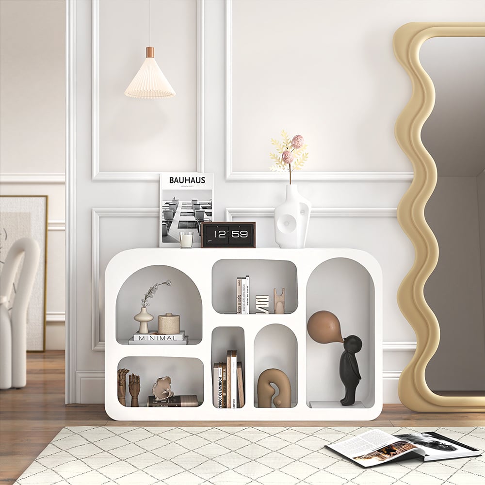 HMR - Codiys Art Deco Storage Japandi Console Table White Arched Shelves Entryway Cabinet