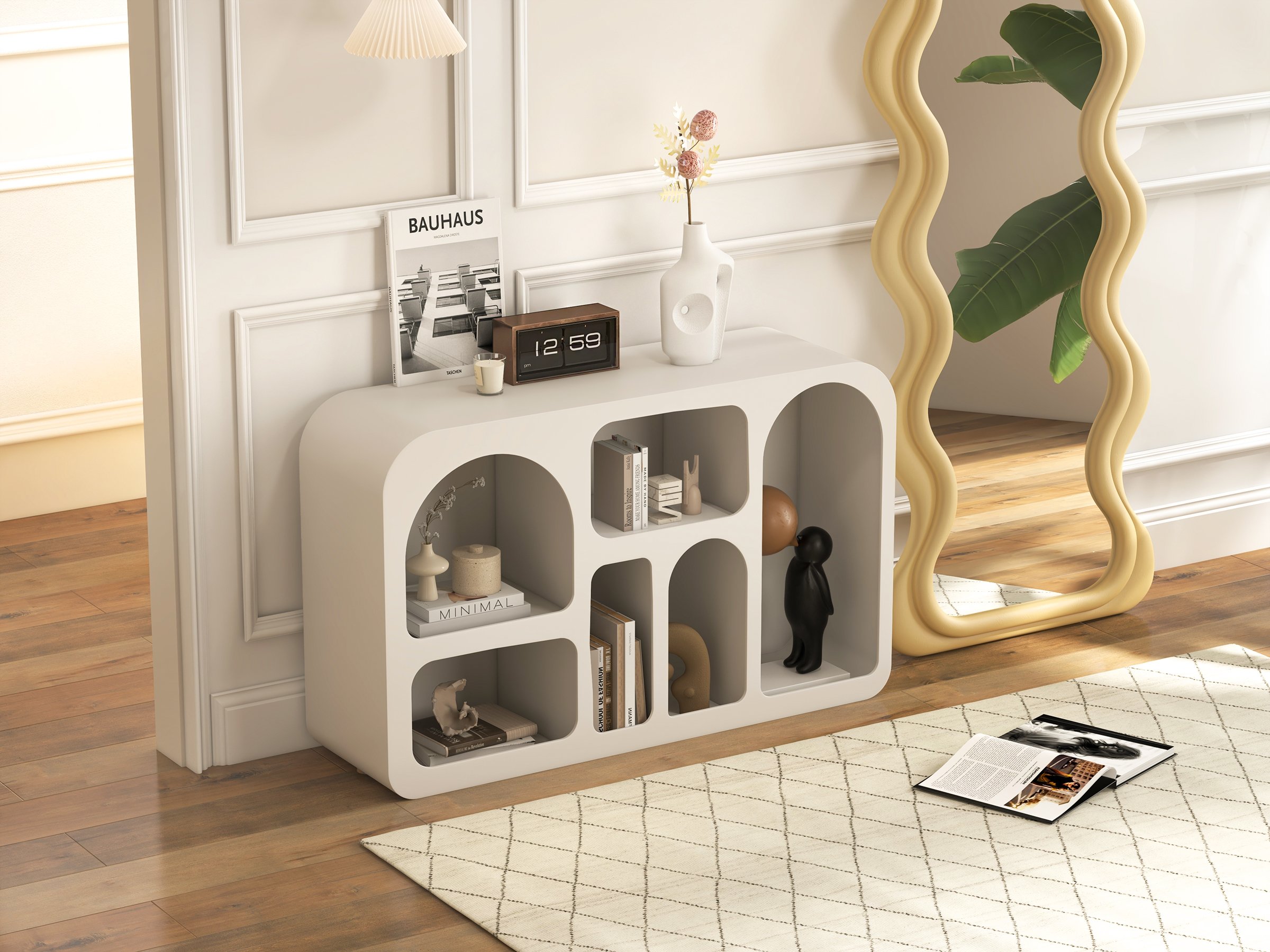 HMR - Codiys Art Deco Storage Japandi Console Table White Arched Shelves Entryway Cabinet