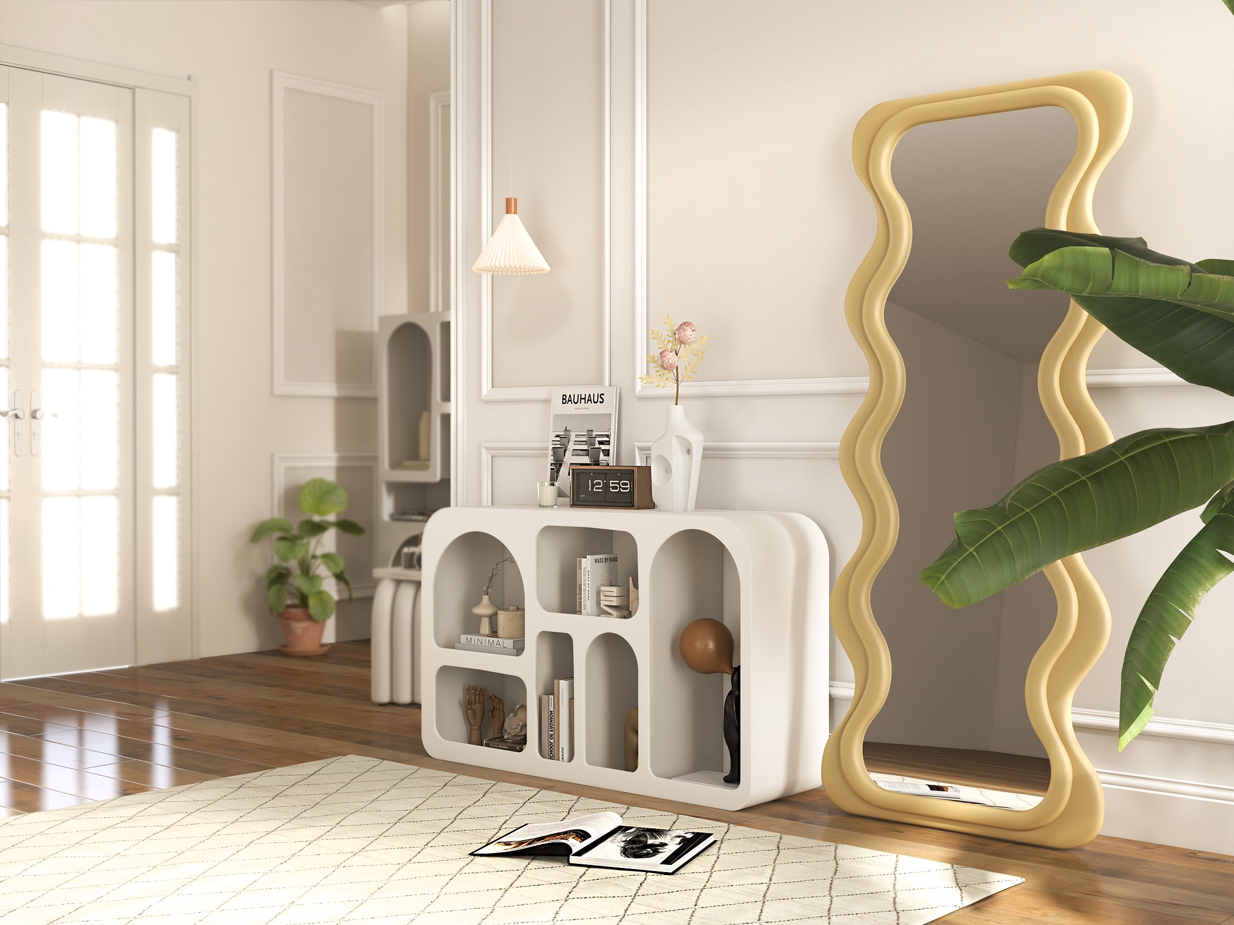 HMR - Codiys Art Deco Storage Japandi Console Table White Arched Shelves Entryway Cabinet