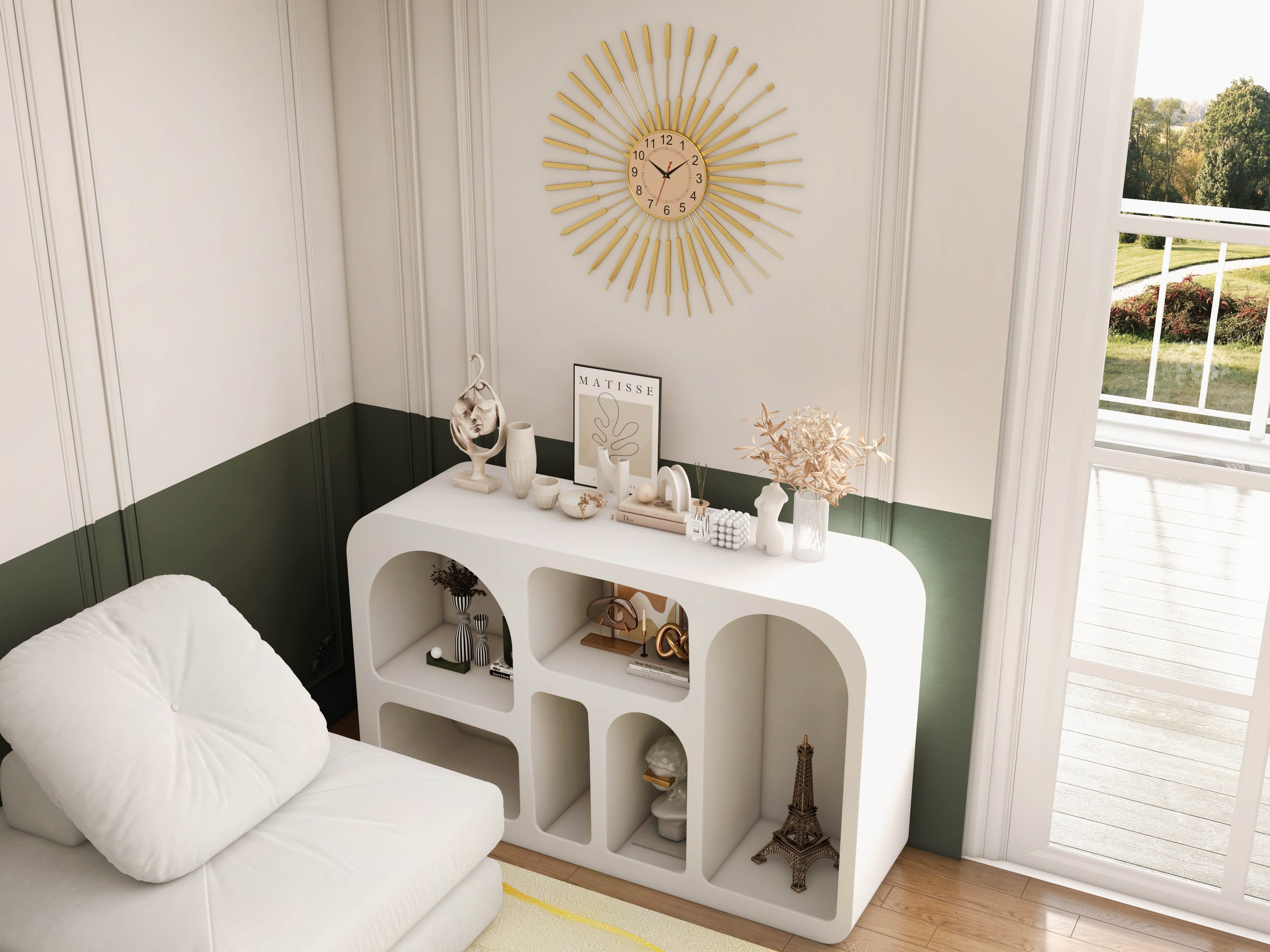 HMR - Codiys Art Deco Storage Japandi Console Table White Arched Shelves Entryway Cabinet