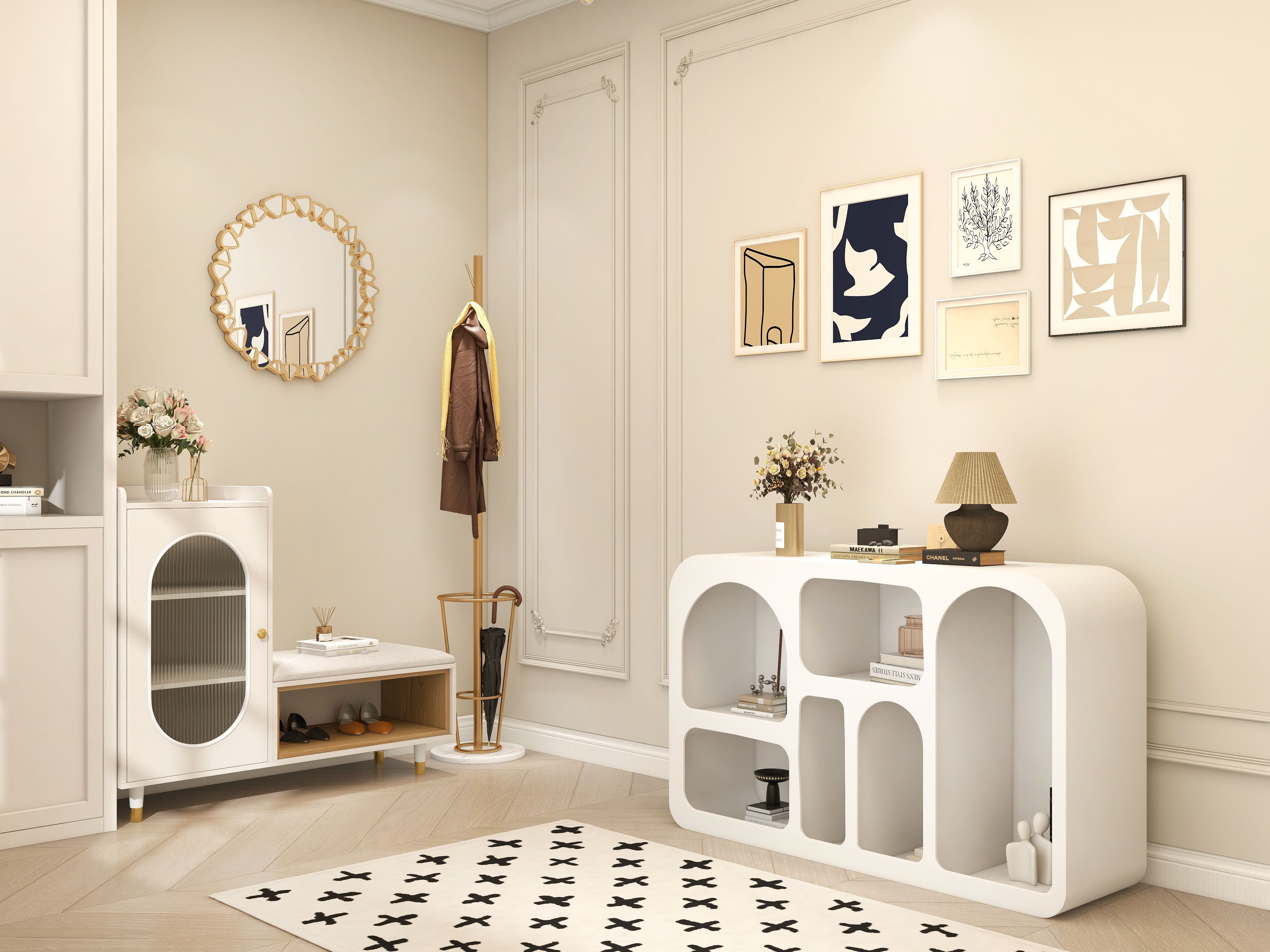 HMR - Codiys Art Deco Storage Japandi Console Table White Arched Shelves Entryway Cabinet