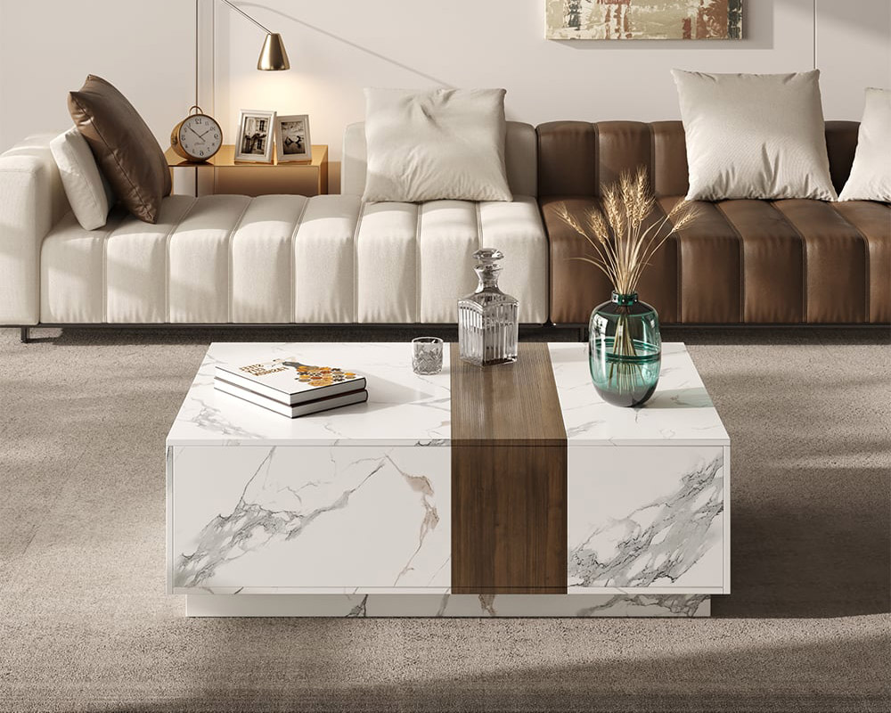 HMR Vewal 47.2" Marble & Walnut Veneer Block Coffee Table with 2 Drawers - White & Walnut