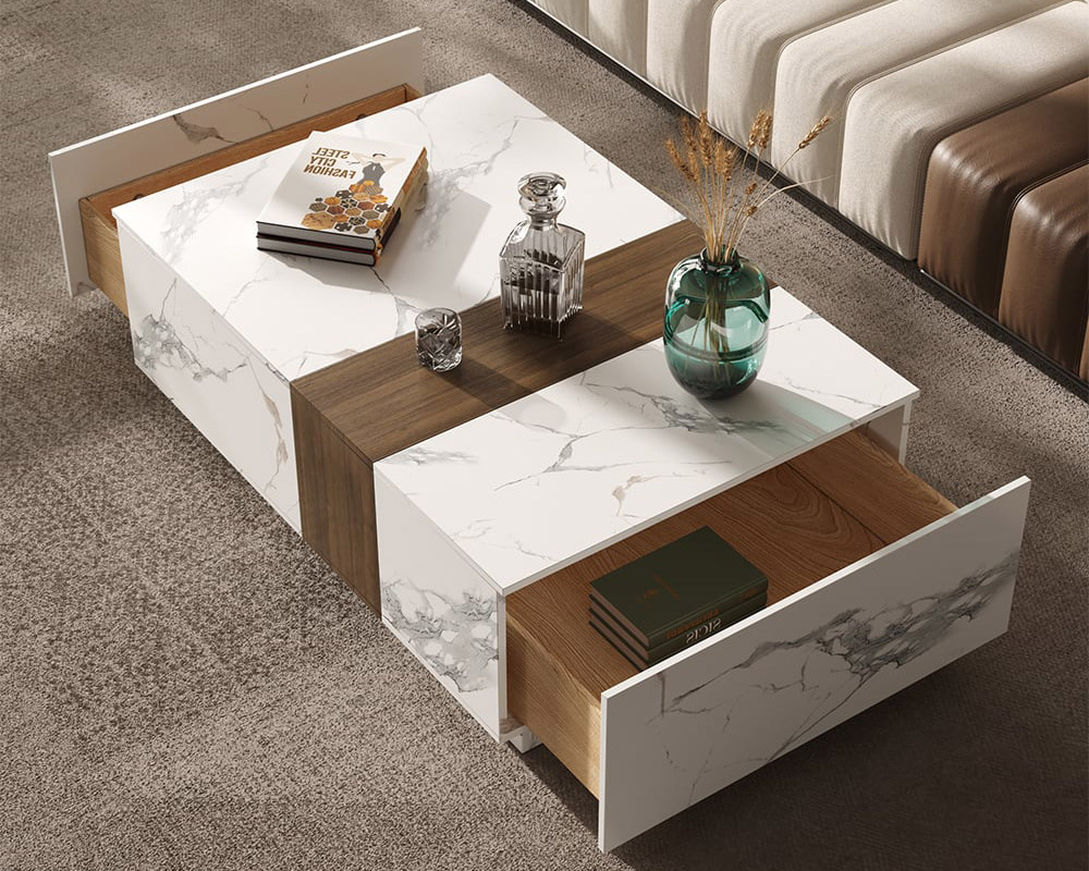 HMR Vewal 47.2" Marble & Walnut Veneer Block Coffee Table with 2 Drawers - White & Walnut