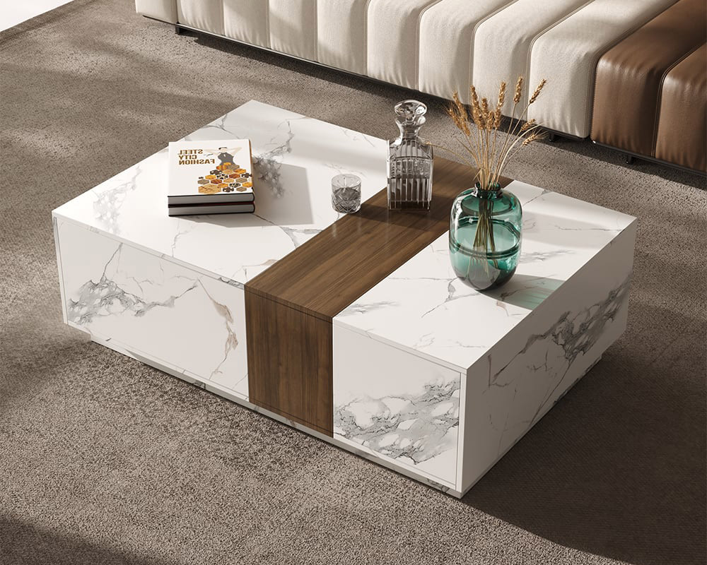 HMR Vewal 47.2" Marble & Walnut Veneer Block Coffee Table with 2 Drawers - White & Walnut