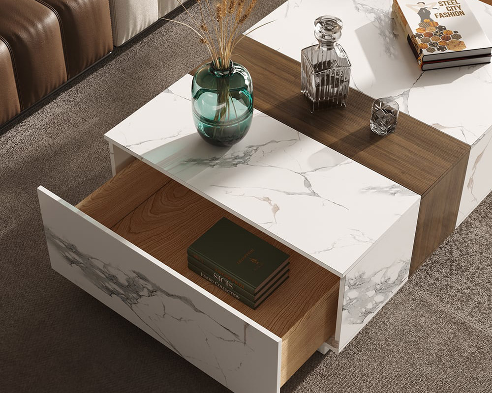 HMR Vewal 47.2" Marble & Walnut Veneer Block Coffee Table with 2 Drawers - White & Walnut