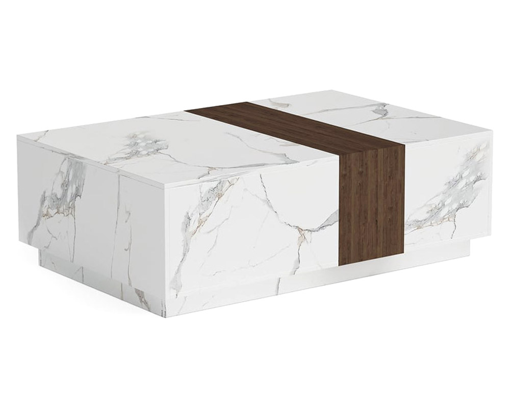 HMR Vewal 47.2" Marble & Walnut Veneer Block Coffee Table with 2 Drawers - White & Walnut