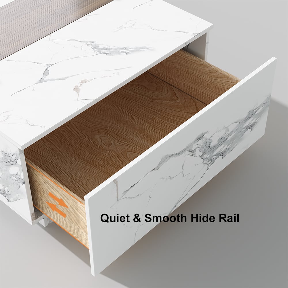 HMR Vewal 47.2" Marble & Walnut Veneer Block Coffee Table with 2 Drawers - White & Walnut