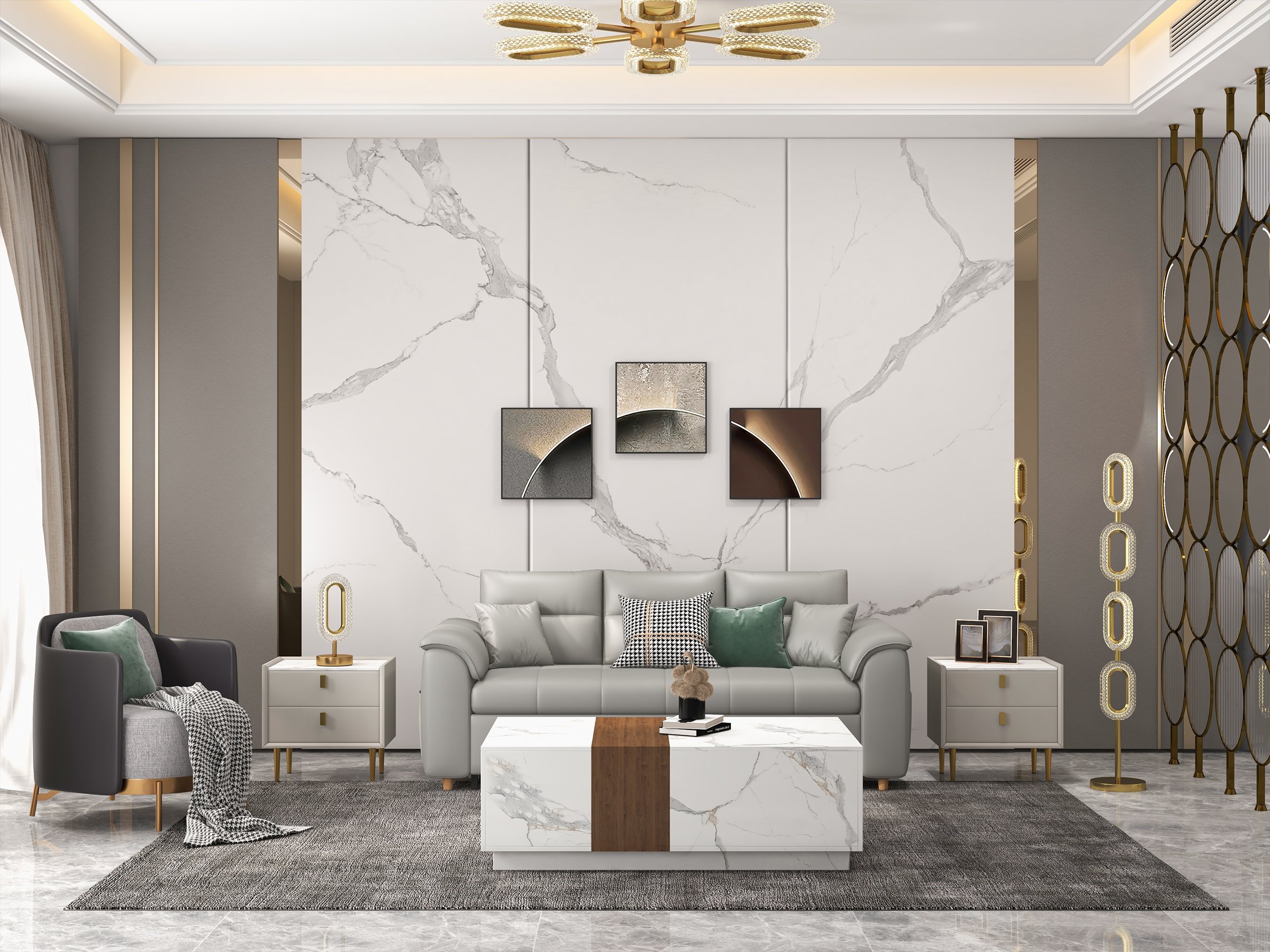 HMR Vewal 47.2" Marble & Walnut Veneer Block Coffee Table with 2 Drawers - White & Walnut