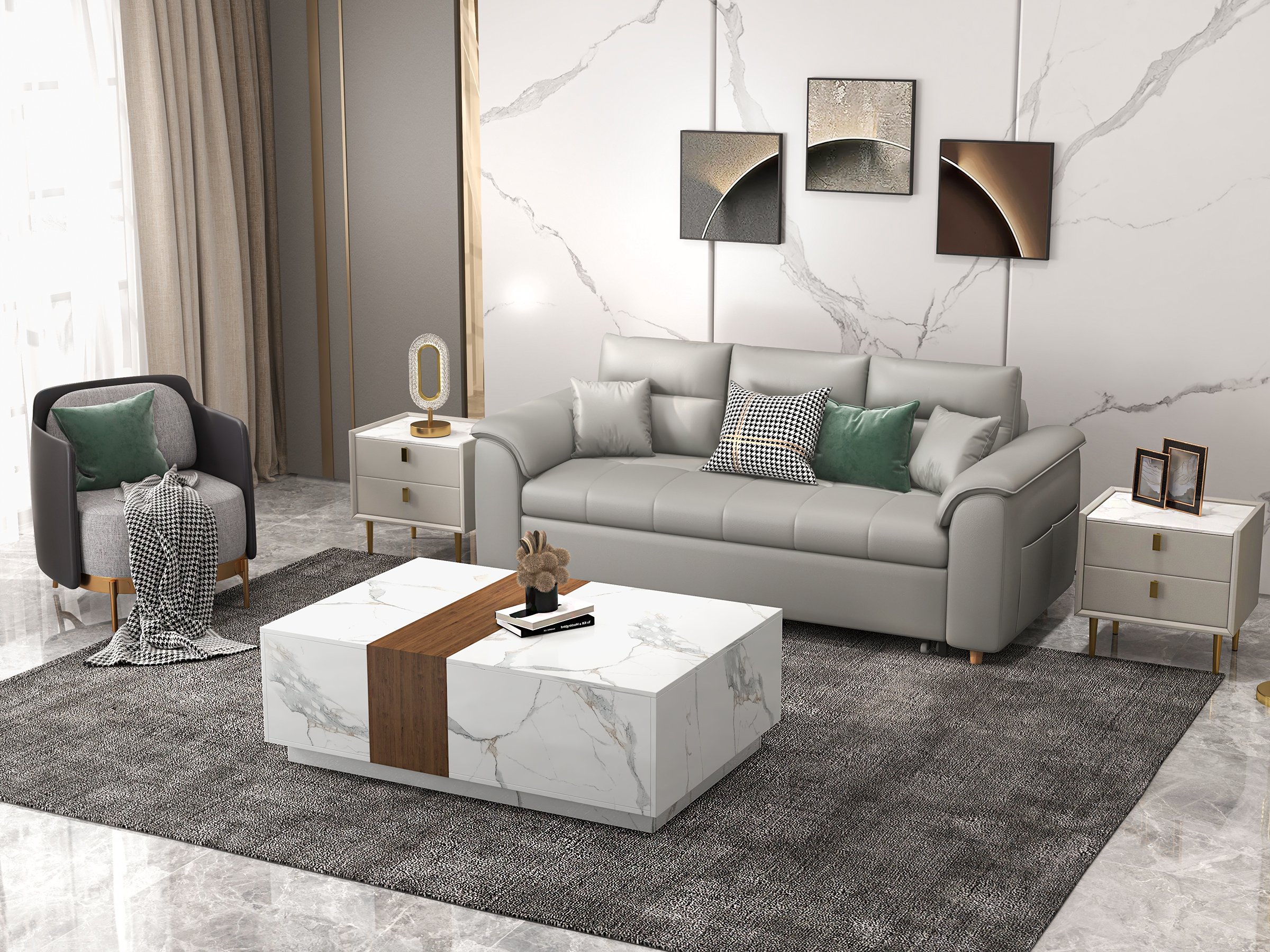 HMR Vewal 47.2" Marble & Walnut Veneer Block Coffee Table with 2 Drawers - White & Walnut
