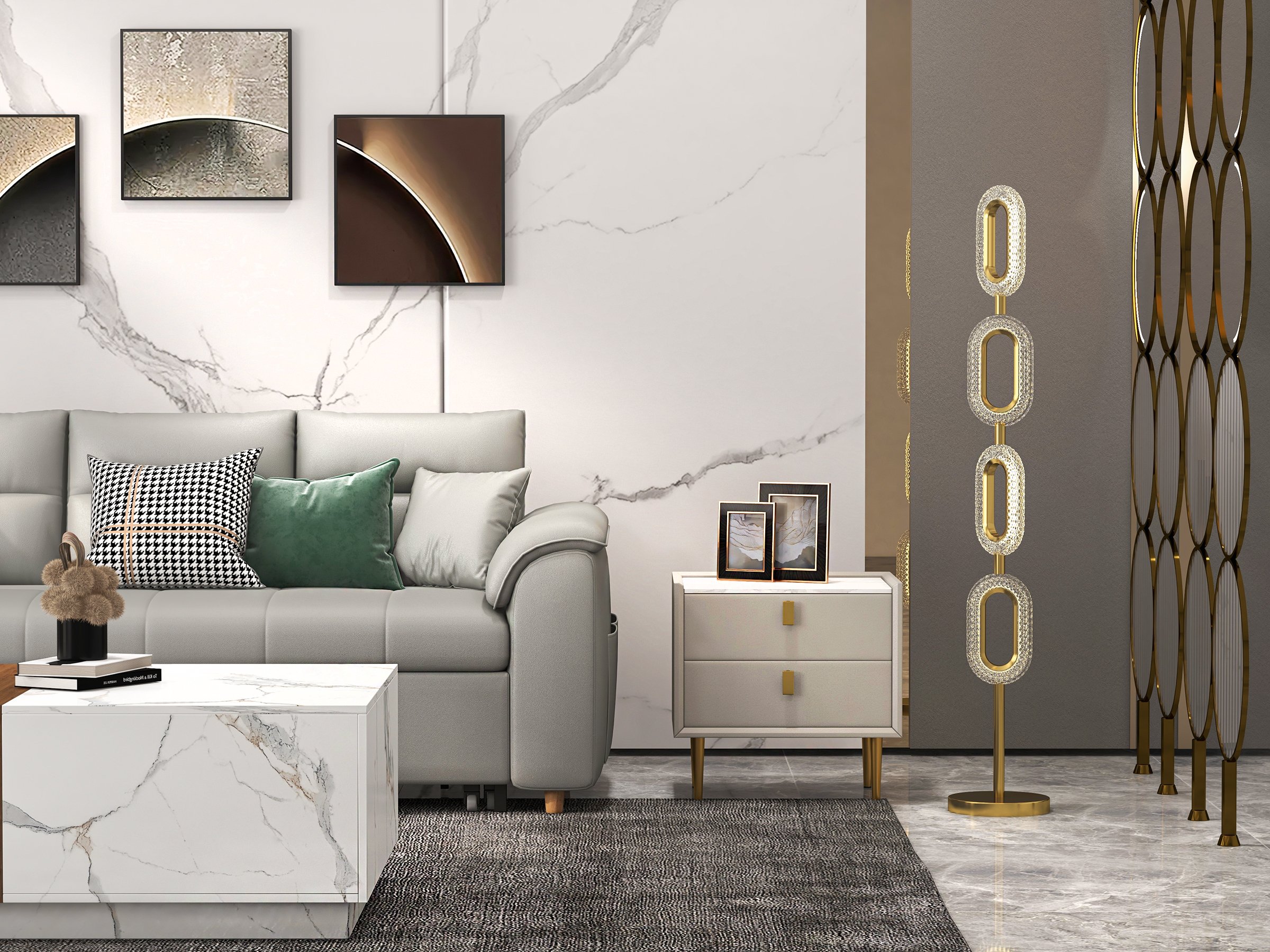 HMR Vewal 47.2" Marble & Walnut Veneer Block Coffee Table with 2 Drawers - White & Walnut