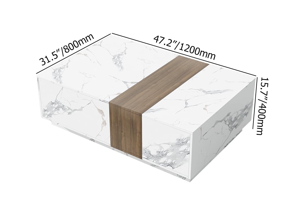 HMR Vewal 47.2" Marble & Walnut Veneer Block Coffee Table with 2 Drawers - White & Walnut