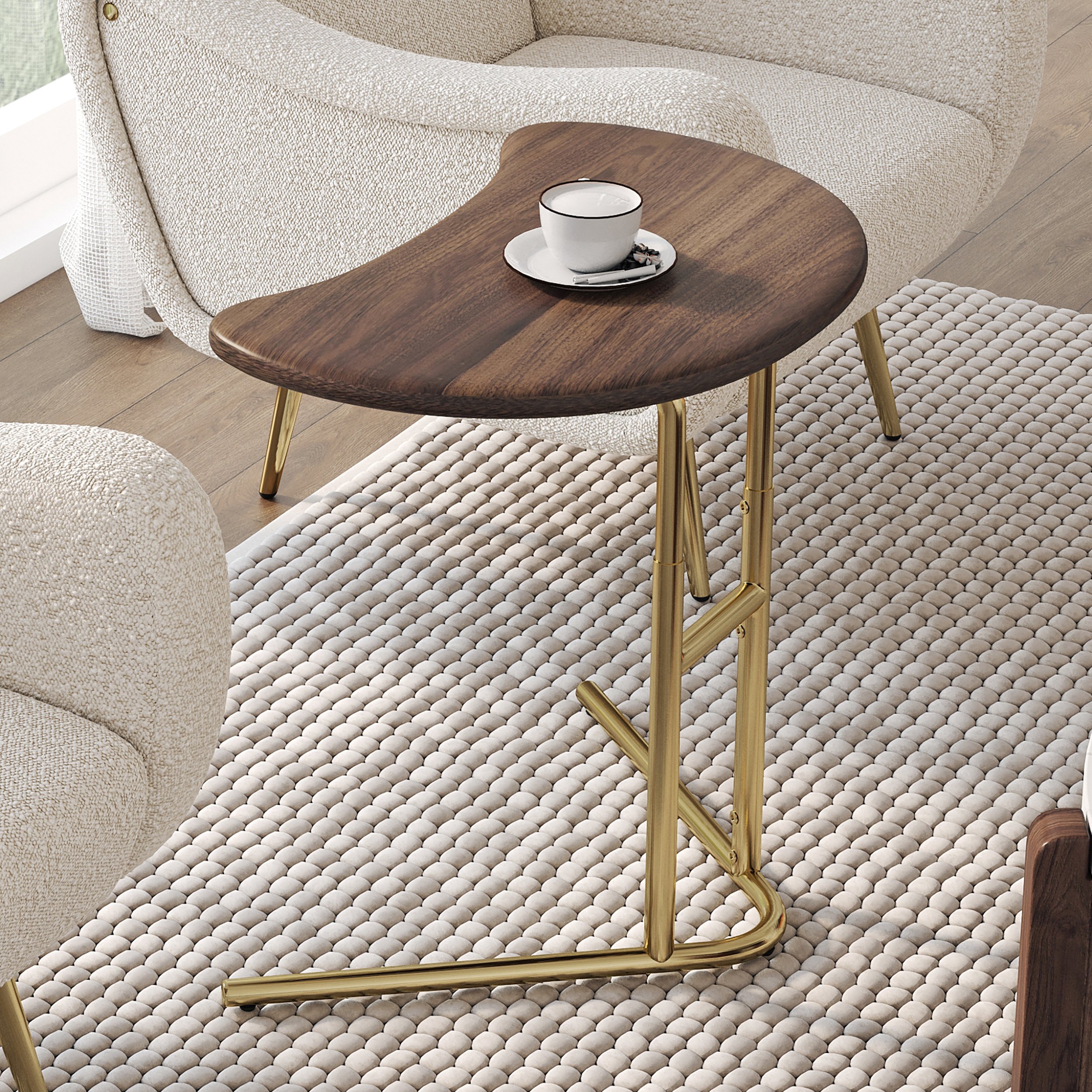 HMR - Walnut & Gold C-shaped Lift Top Adjustable Side Table
