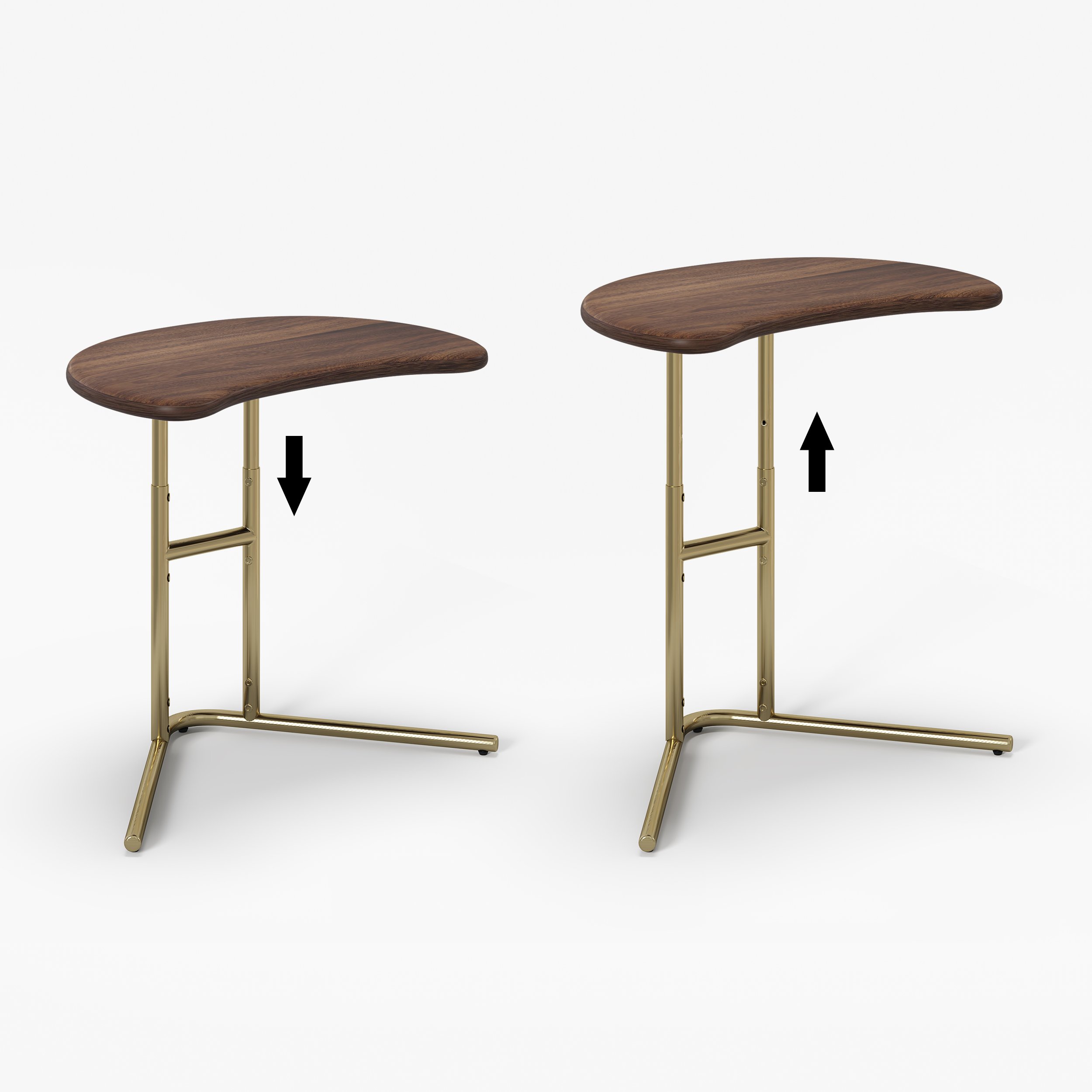 HMR - Walnut & Gold C-shaped Lift Top Adjustable Side Table