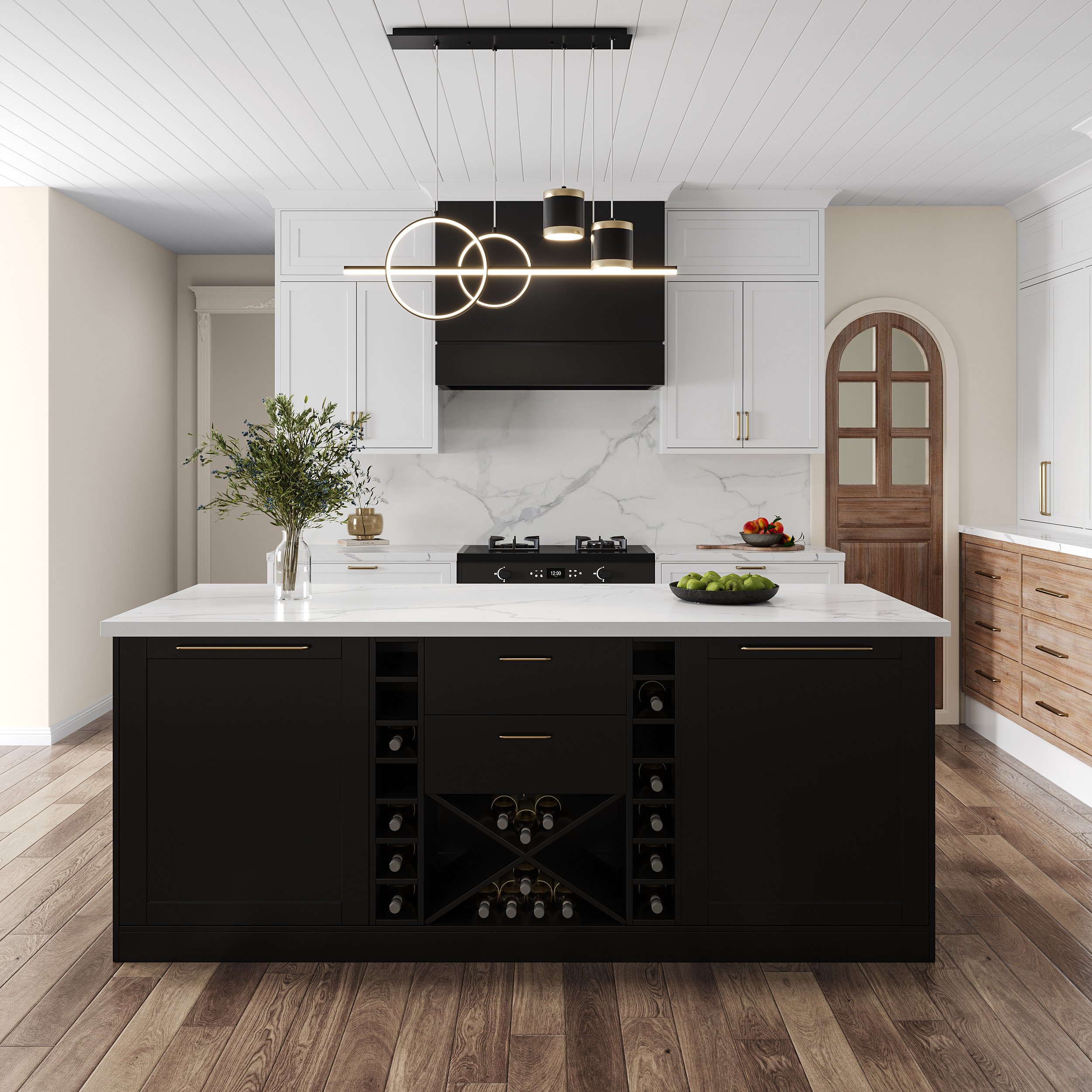 HMR 72'' Modern Kitchen lsland with Wine Storage - Black, Sintered Stone
