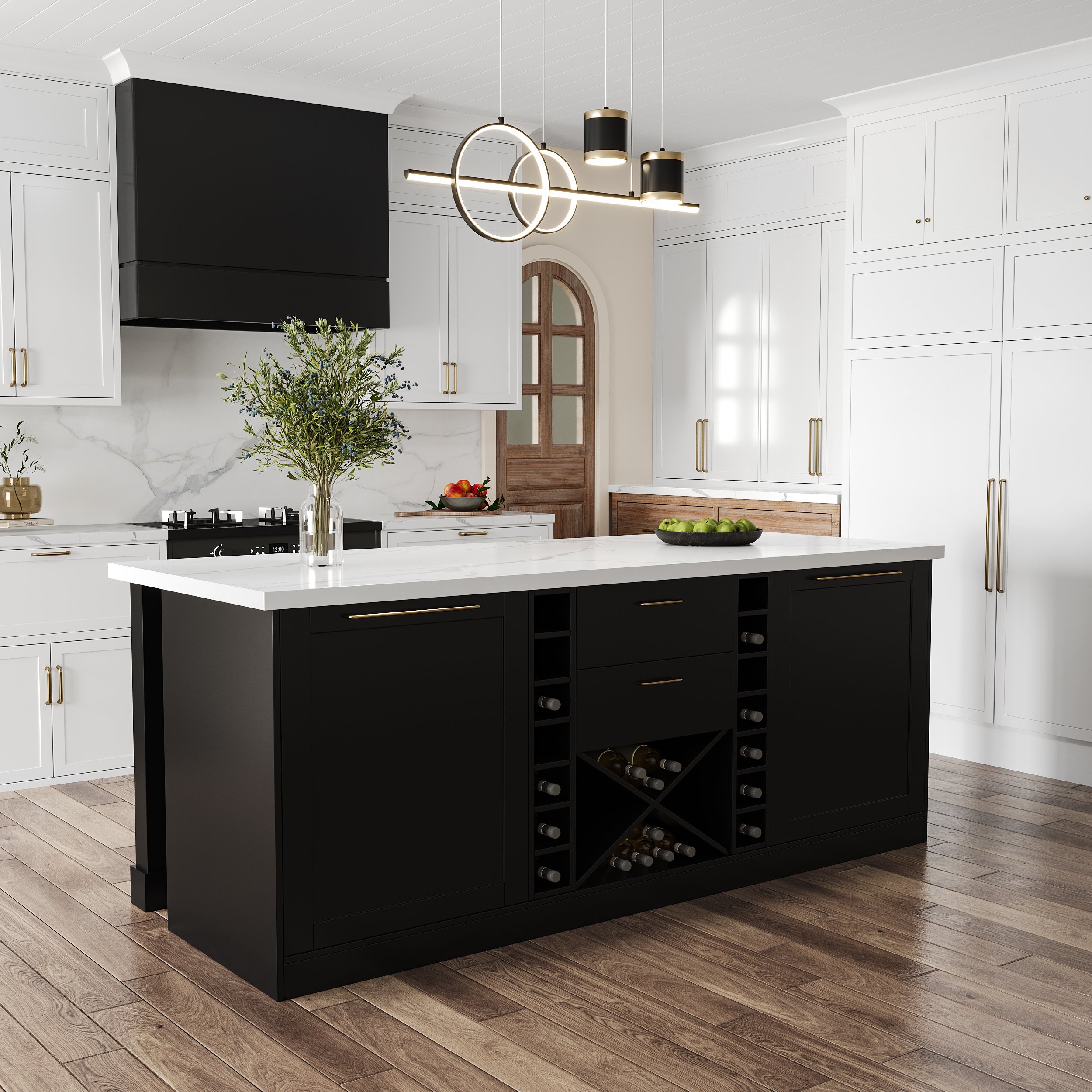 HMR 72'' Modern Kitchen lsland with Wine Storage - Black, Sintered Stone