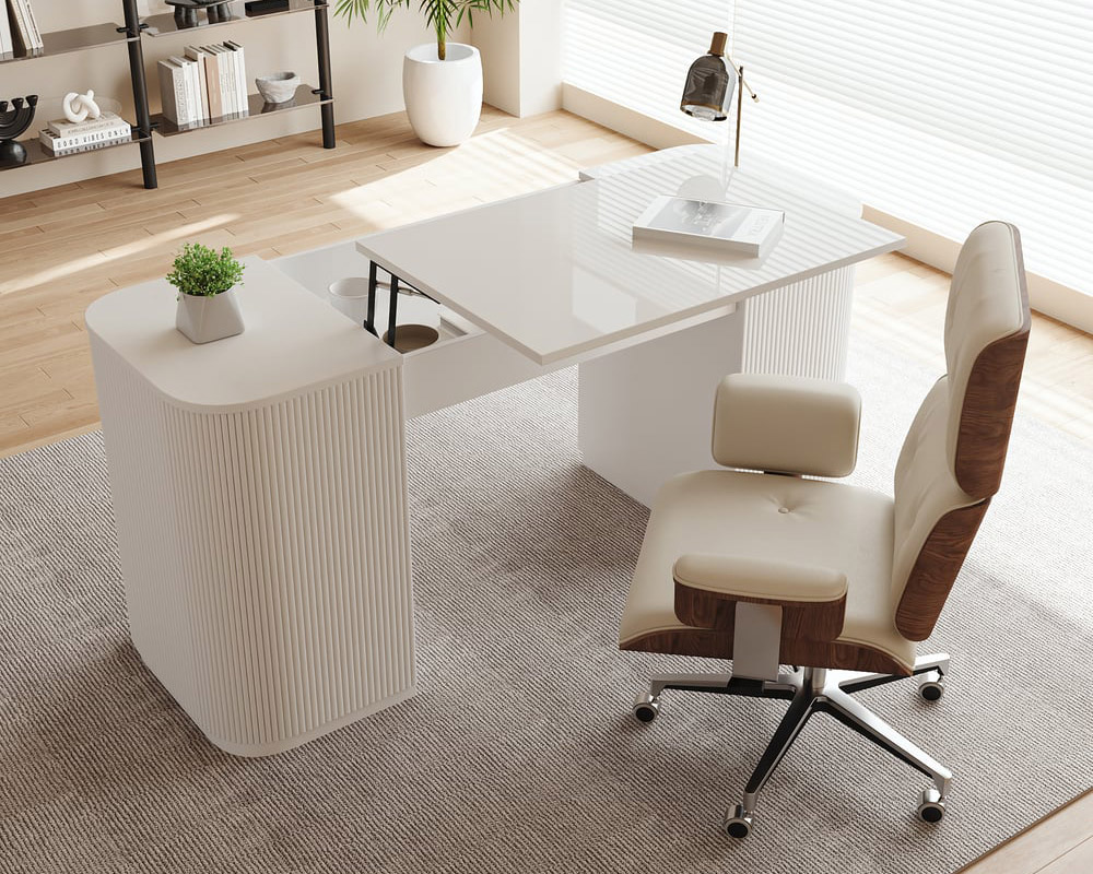 HMR Modern Standing Computer Desk & Upholstered Swivel Task Office Chair Set (59.8" ) - White