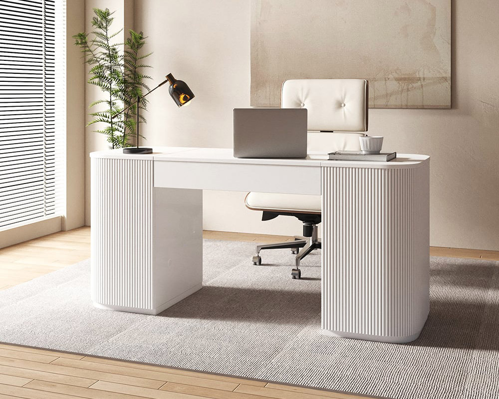 HMR Modern Standing Computer Desk & Upholstered Swivel Task Office Chair Set (59.8" ) - White