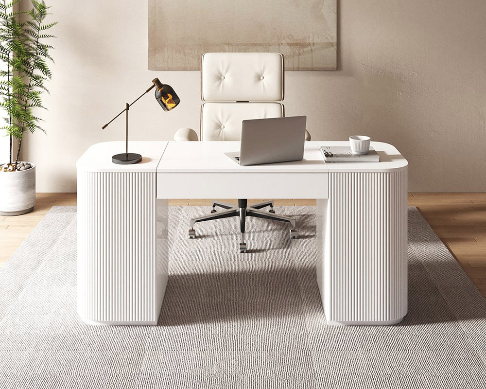 HMR Modern Standing Computer Desk & Upholstered Swivel Task Office Chair Set (59.8" ) - White