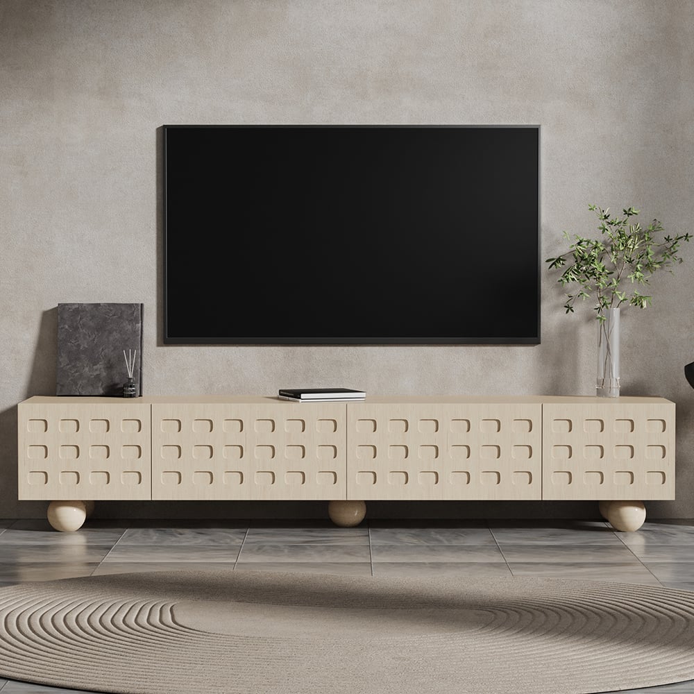 HMR - 78.7" Whitewash Wood TV Stand with Storage Wabi-Sabi 4 Cabinets Round Legs TV up to 80"