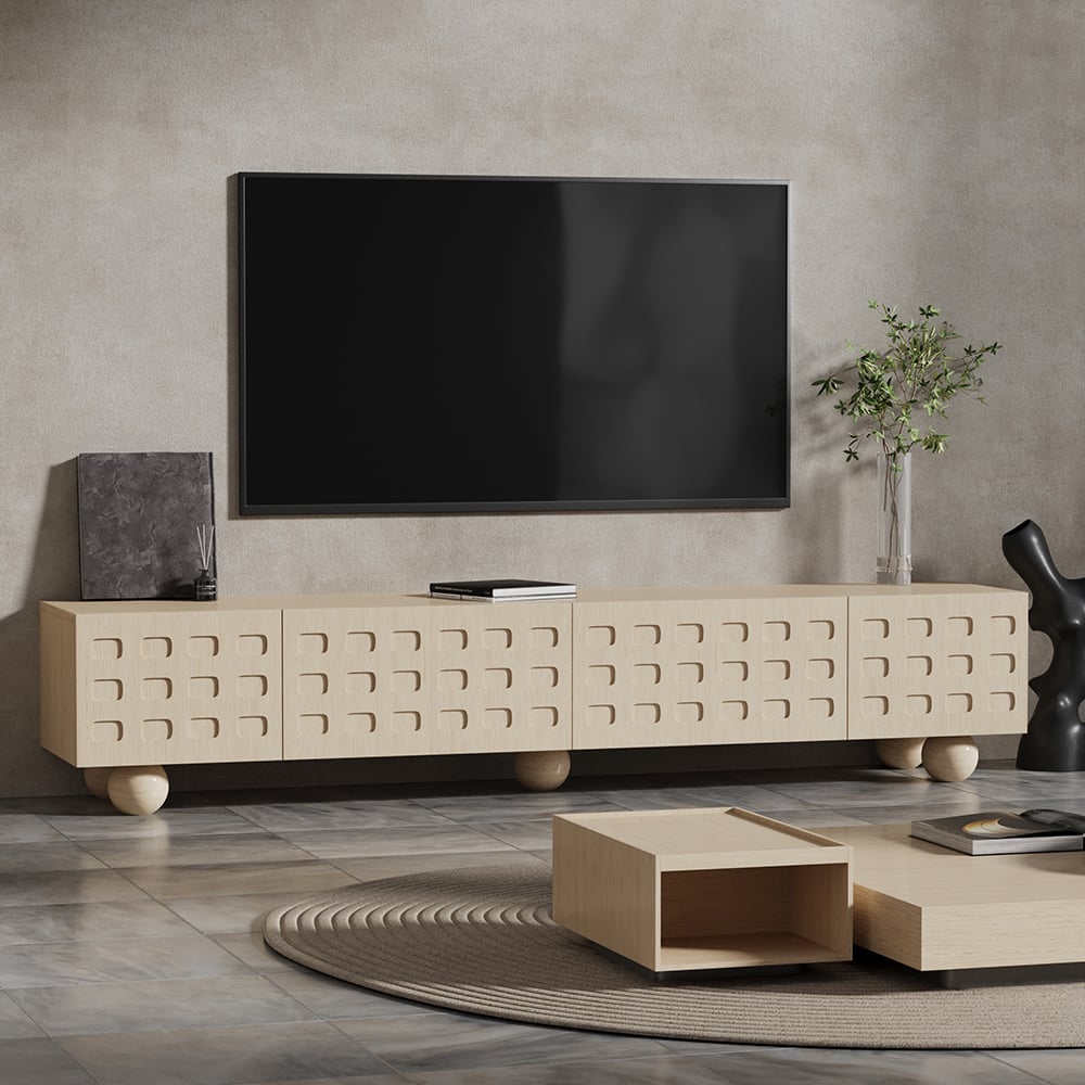HMR - 78.7" Whitewash Wood TV Stand with Storage Wabi-Sabi 4 Cabinets Round Legs TV up to 80"