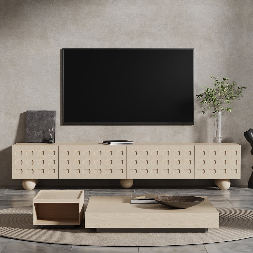 HMR - 78.7" Whitewash Wood TV Stand with Storage Wabi-Sabi 4 Cabinets Round Legs TV up to 80"