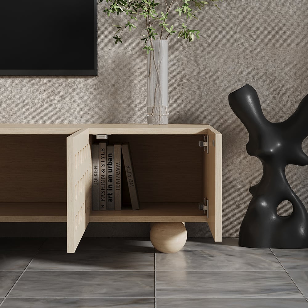 HMR - 78.7" Whitewash Wood TV Stand with Storage Wabi-Sabi 4 Cabinets Round Legs TV up to 80"