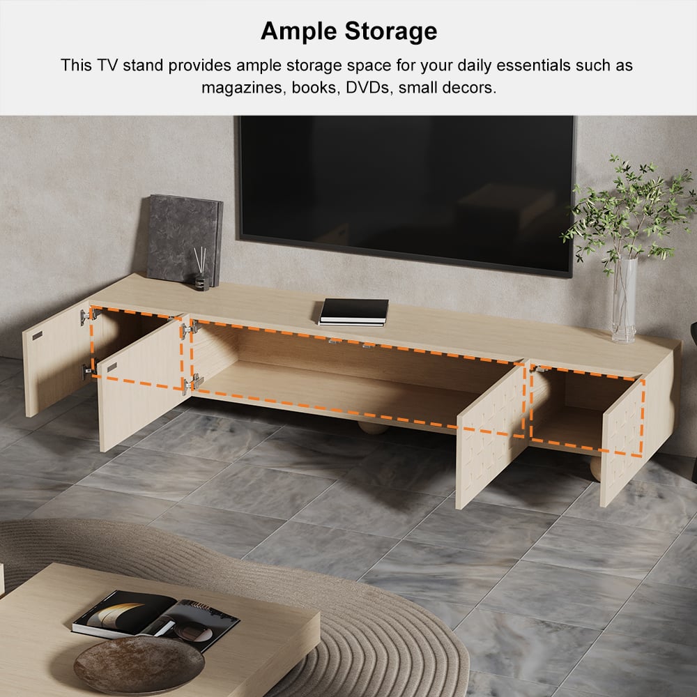 HMR - 78.7" Whitewash Wood TV Stand with Storage Wabi-Sabi 4 Cabinets Round Legs TV up to 80"