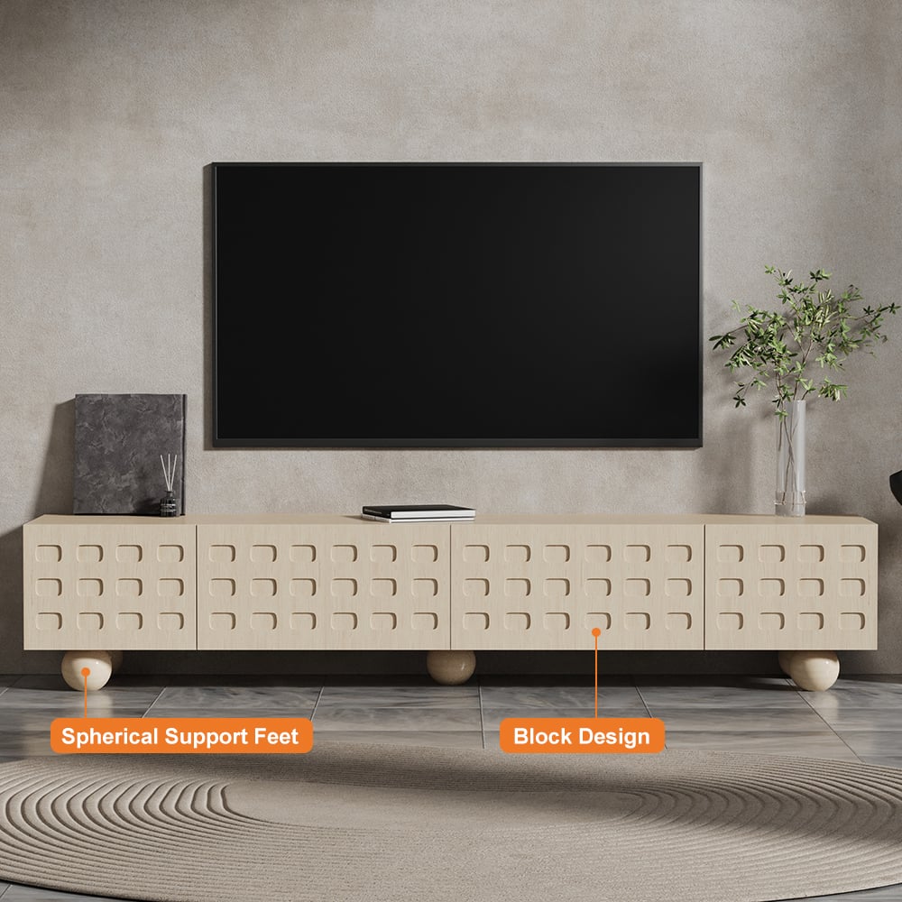 HMR - 78.7" Whitewash Wood TV Stand with Storage Wabi-Sabi 4 Cabinets Round Legs TV up to 80"