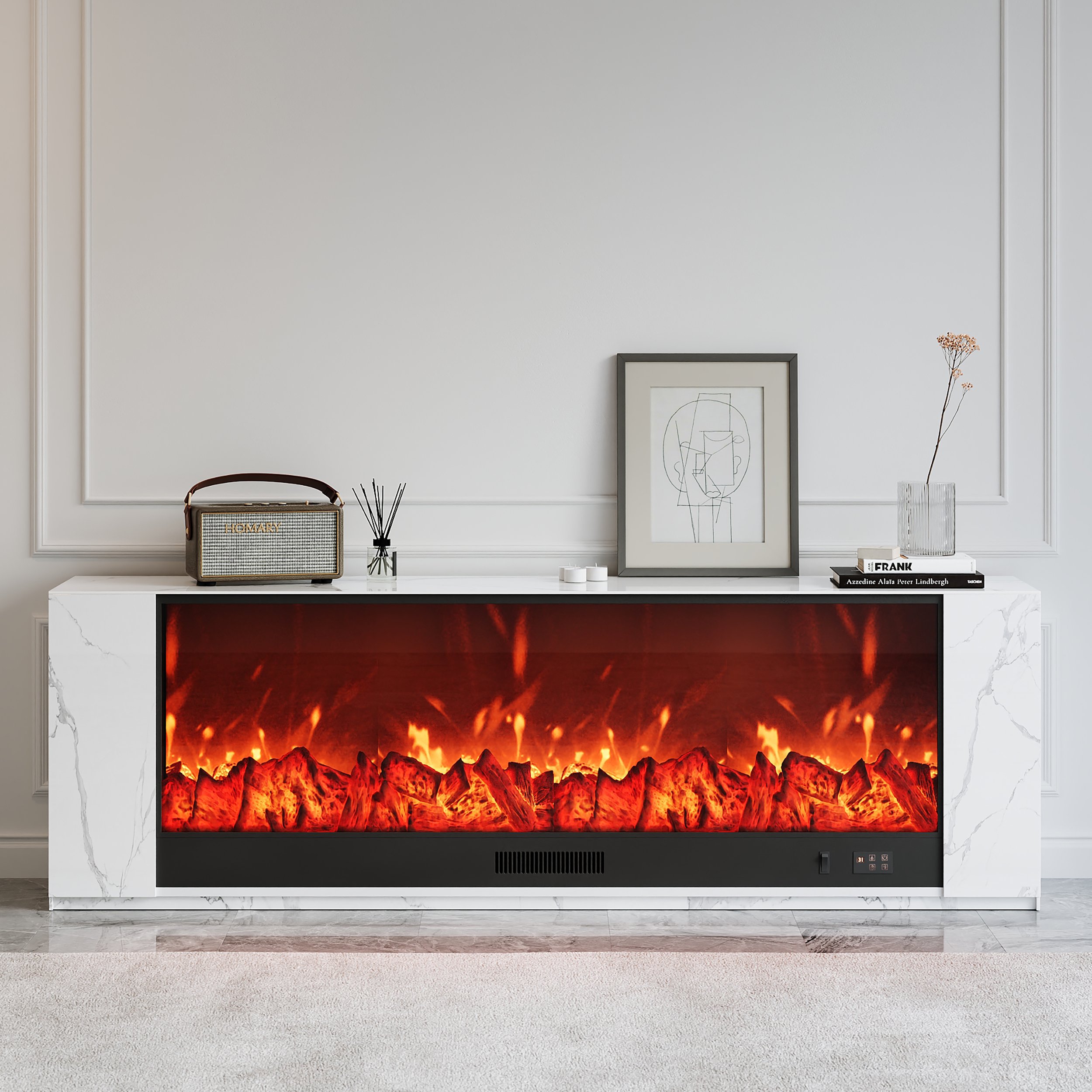 HMR Electric Fireplace TV Stand with Remote Control - White, Sintered Stone, 70.9"W×12.6"D×23.6"H