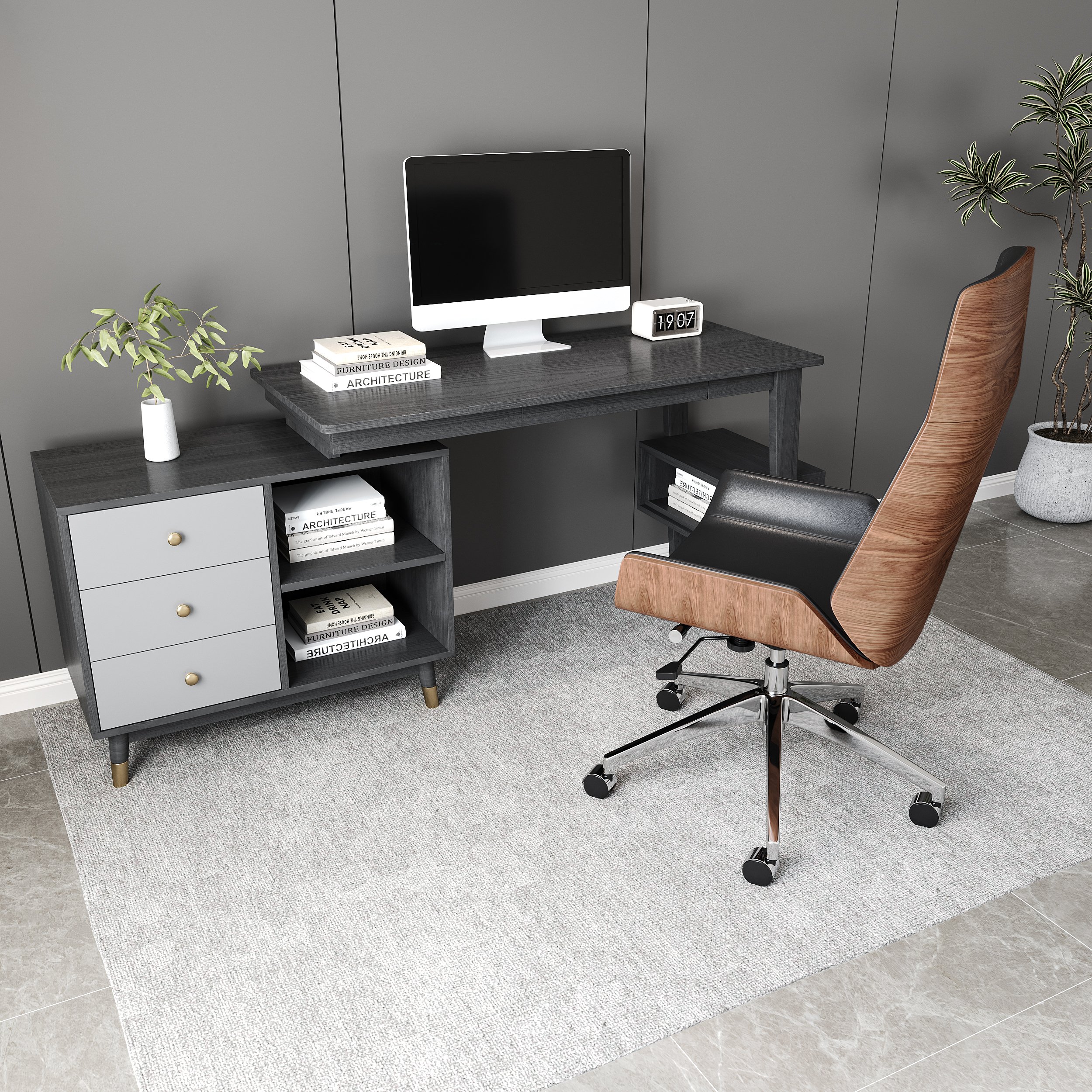 HMR Ultic L Shaped Home Office Desk & Faux Leather Office Chair Set with Wheels - Gray