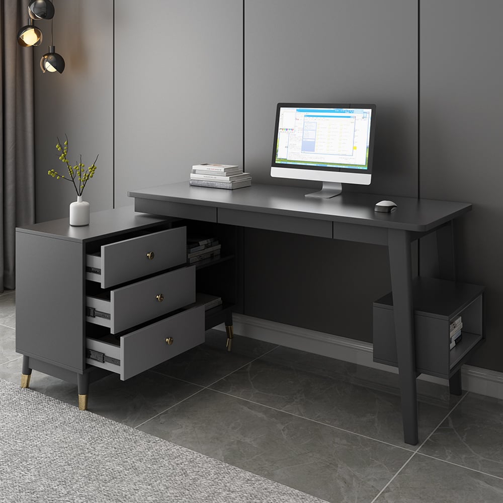 HMR Ultic L Shaped Home Office Desk & Faux Leather Office Chair Set with Wheels - Gray