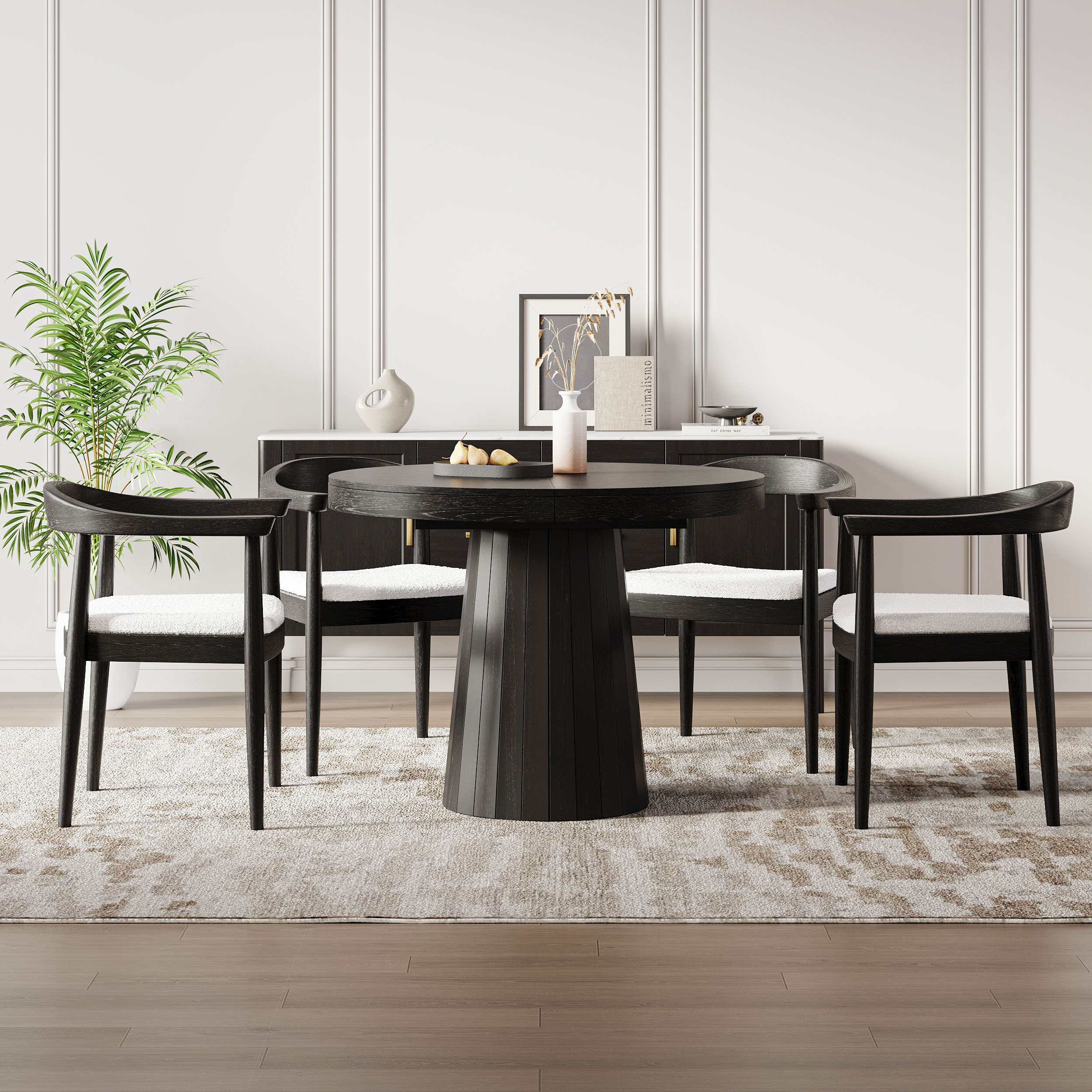 HMR Modern Wood Upholstery Dining Chair - Black, Boucle, 1-Piece