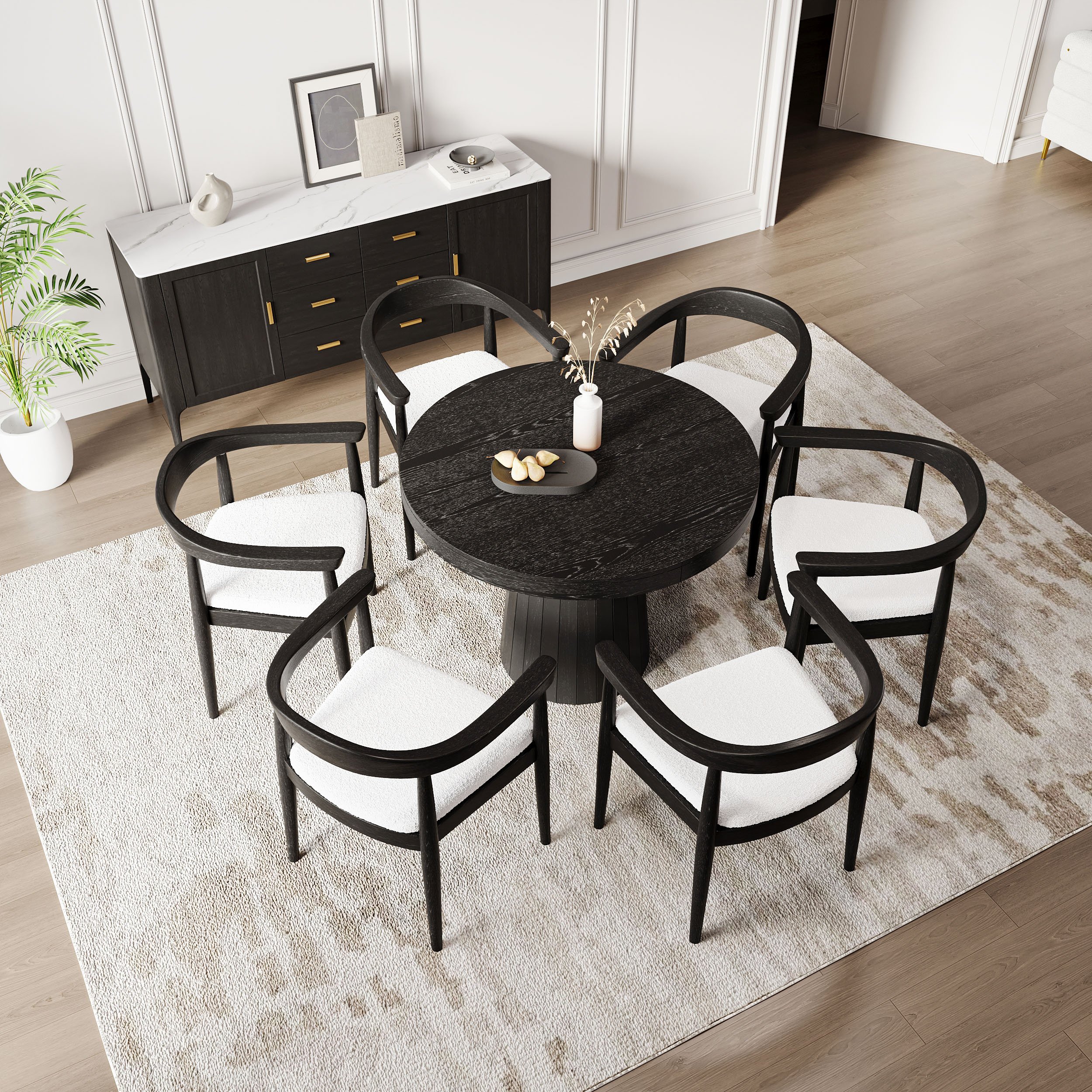 HMR Modern Wood Upholstery Dining Chair - Black, Boucle, 1-Piece