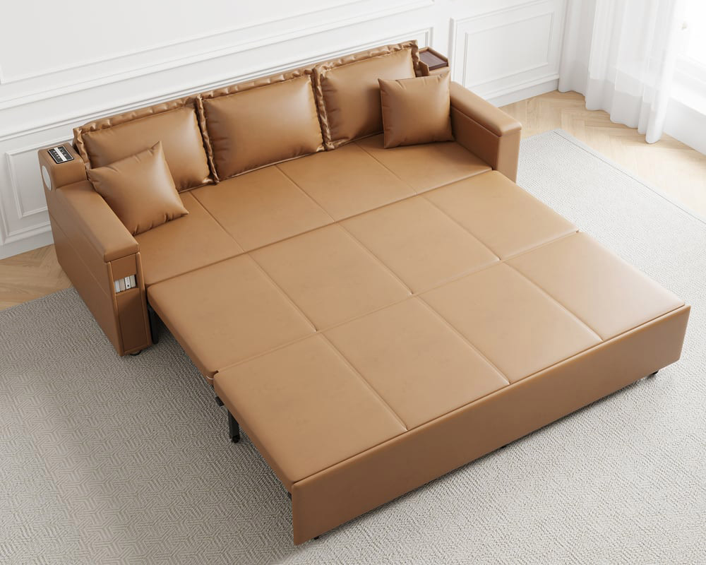 HMR 83" King 3-Seater Leather Sleeper Sofa with Speaker & USB Ports - Brown