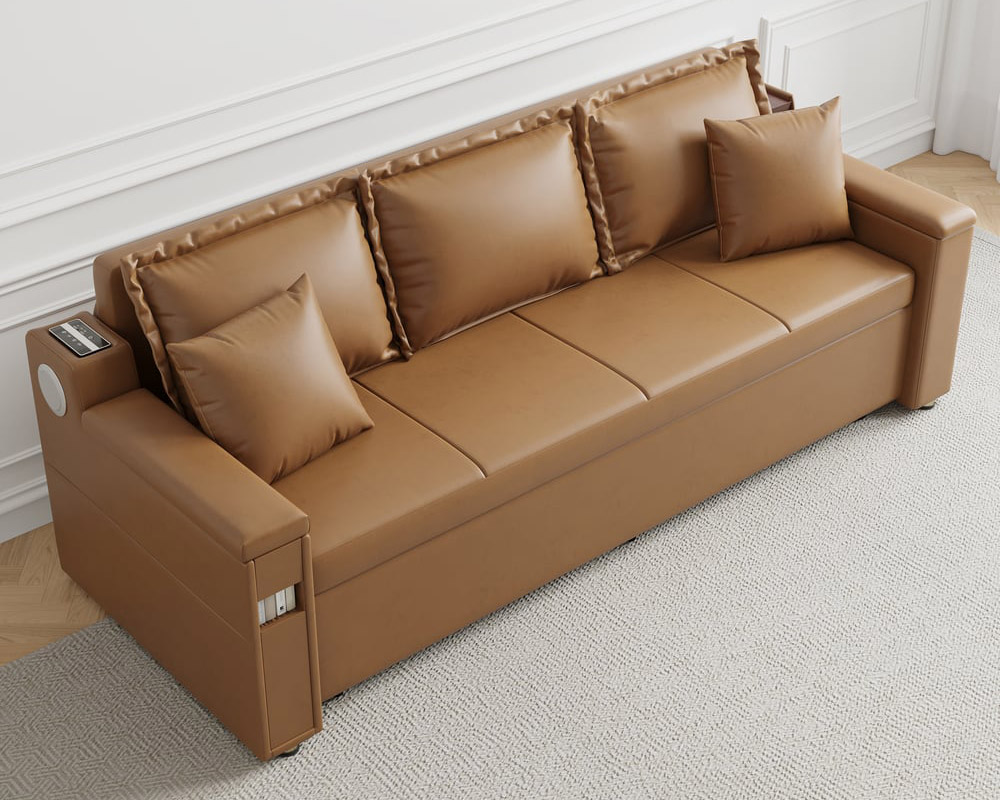 HMR 83" King 3-Seater Leather Sleeper Sofa with Speaker & USB Ports - Brown
