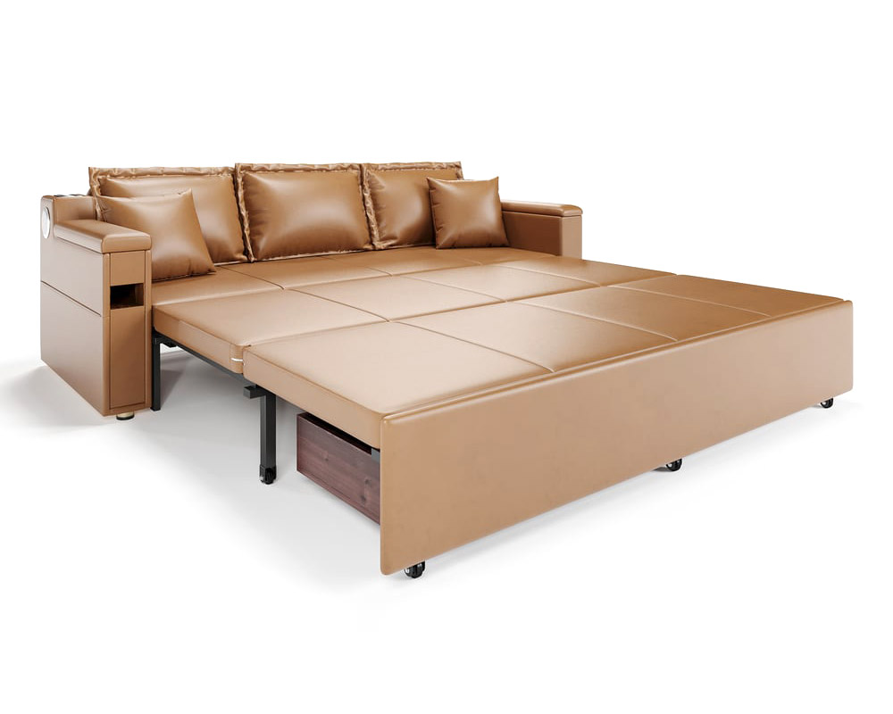 HMR 83" King 3-Seater Leather Sleeper Sofa with Speaker & USB Ports - Brown