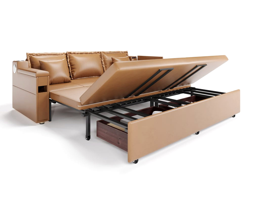 HMR 83" King 3-Seater Leather Sleeper Sofa with Speaker & USB Ports - Brown