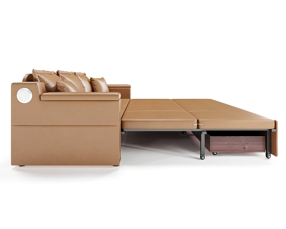 HMR 83" King 3-Seater Leather Sleeper Sofa with Speaker & USB Ports - Brown