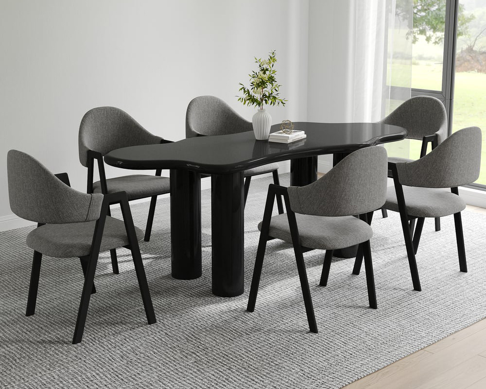 HMR Dining Set 70.9" Japandi Irregular Wood Dining Table Black with 6 Chairs - Black, Style C, With 6 Chairs