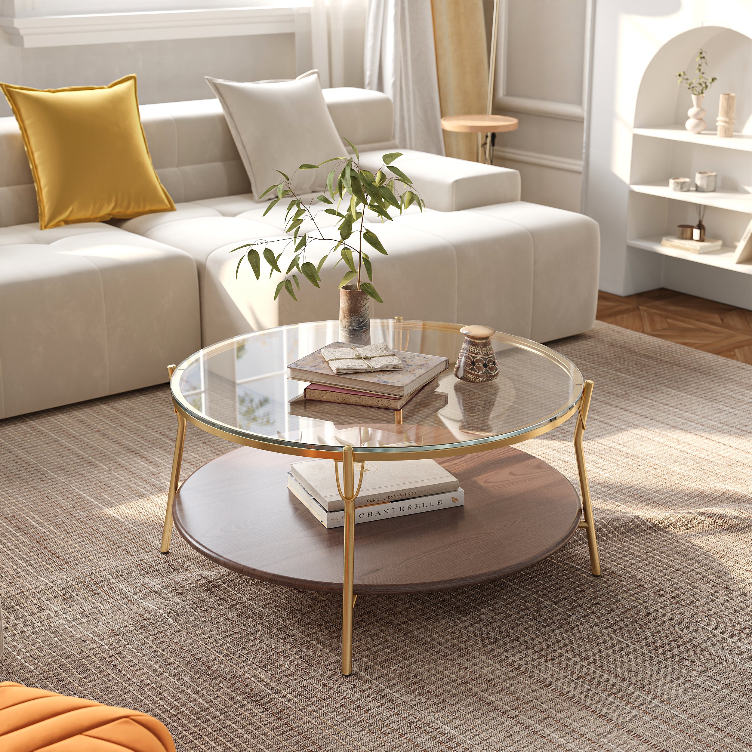 HMR 30" Glass Top Walnut 2-Tiered Coffee Table - Clear Glass