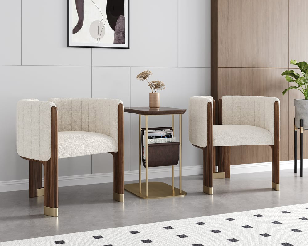 HMR Leather Fluted Upholstered Accent Chair with Wood Frame (Set of 4) - White