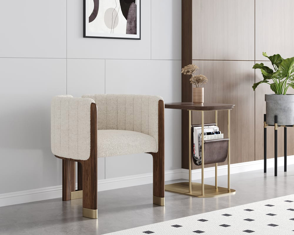 HMR Leather Fluted Upholstered Accent Chair with Wood Frame (Set of 4) - White