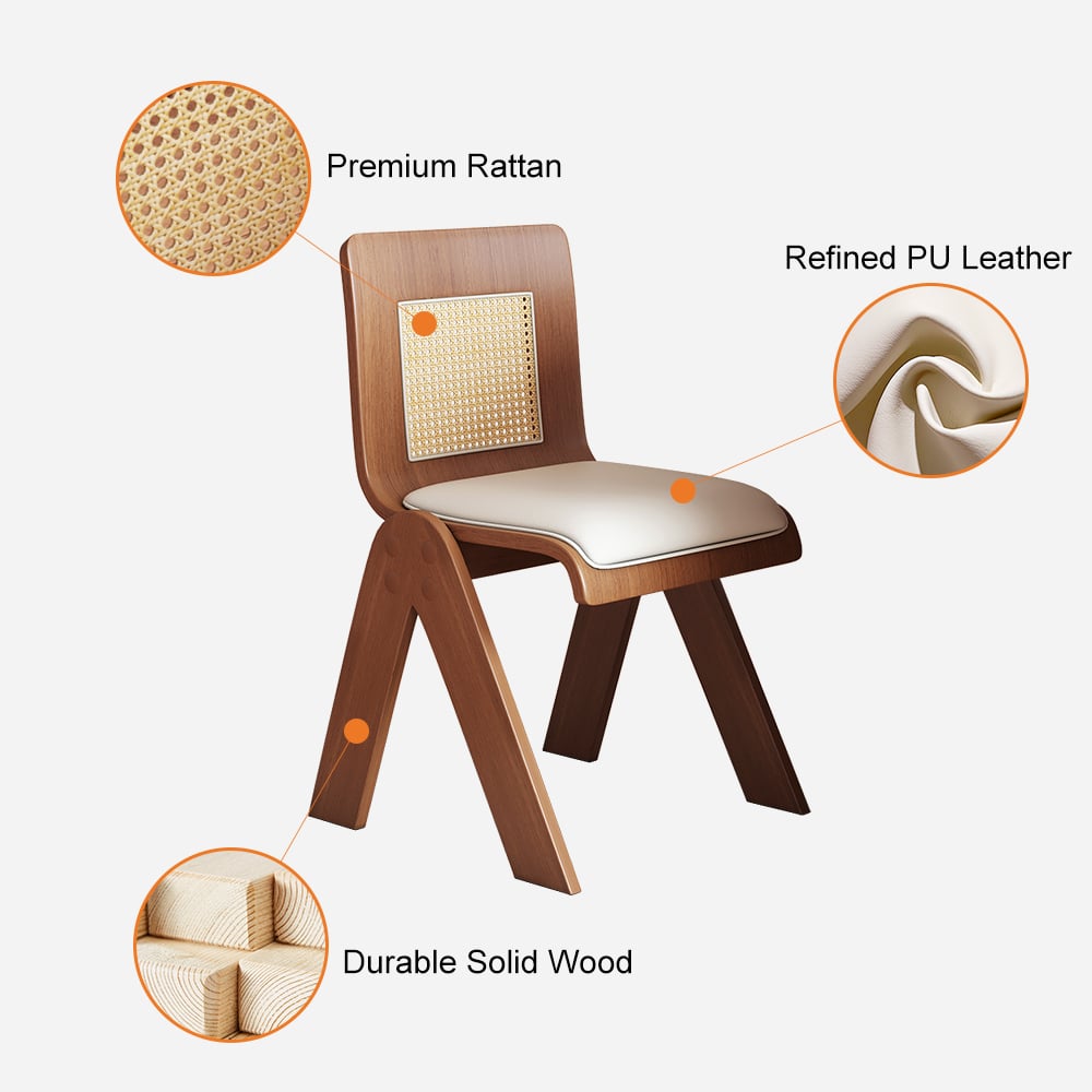 HMR - Set of 2 Japandi Modern Dining Chairs Walnut with PU Leather Upholstery White