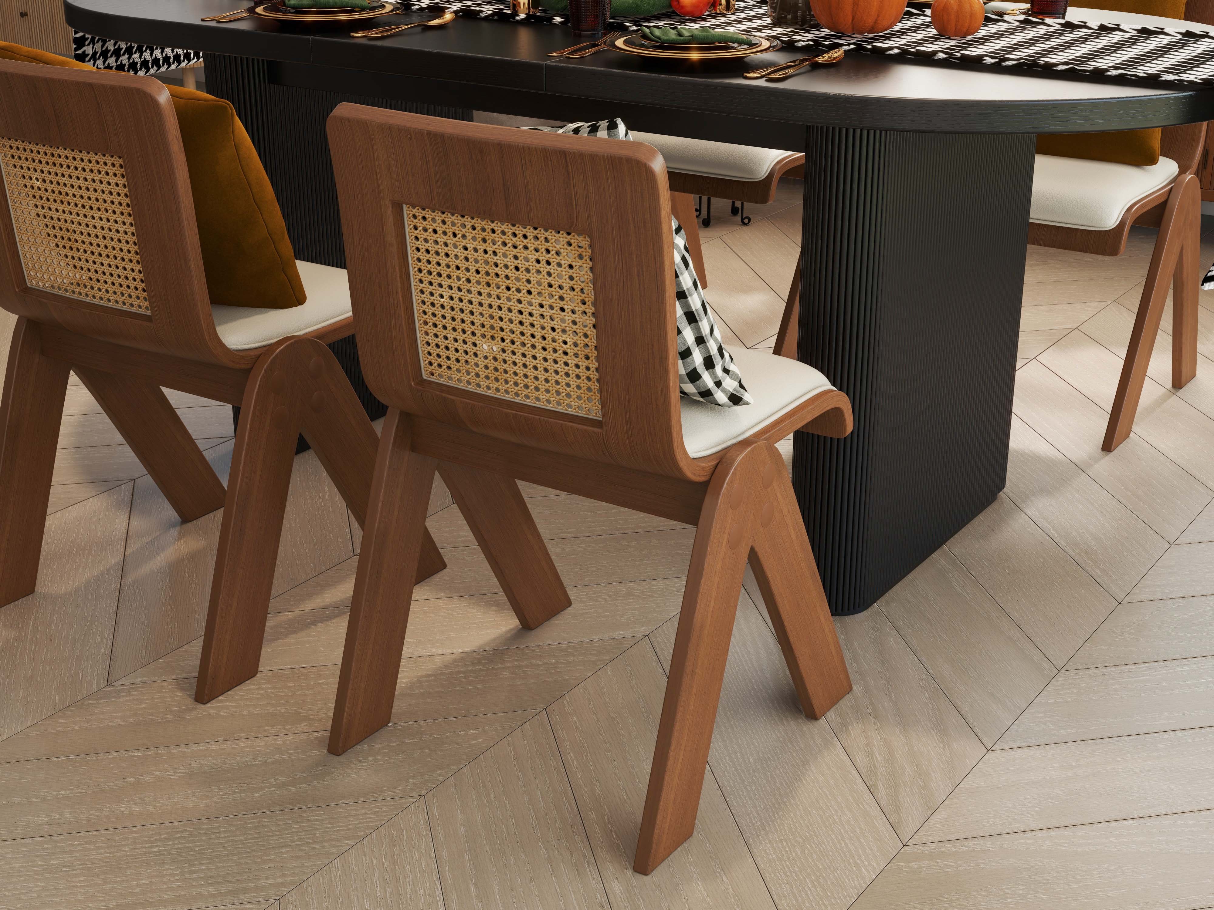 HMR - Set of 2 Japandi Modern Dining Chairs Walnut with PU Leather Upholstery White