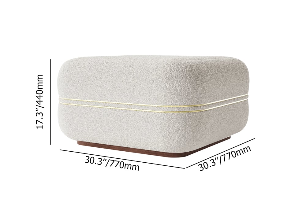 HMR - 30.3" White Boucle Coffee Table Ottoman with Gold Rim Square Ottoman Pouf Foot Stool