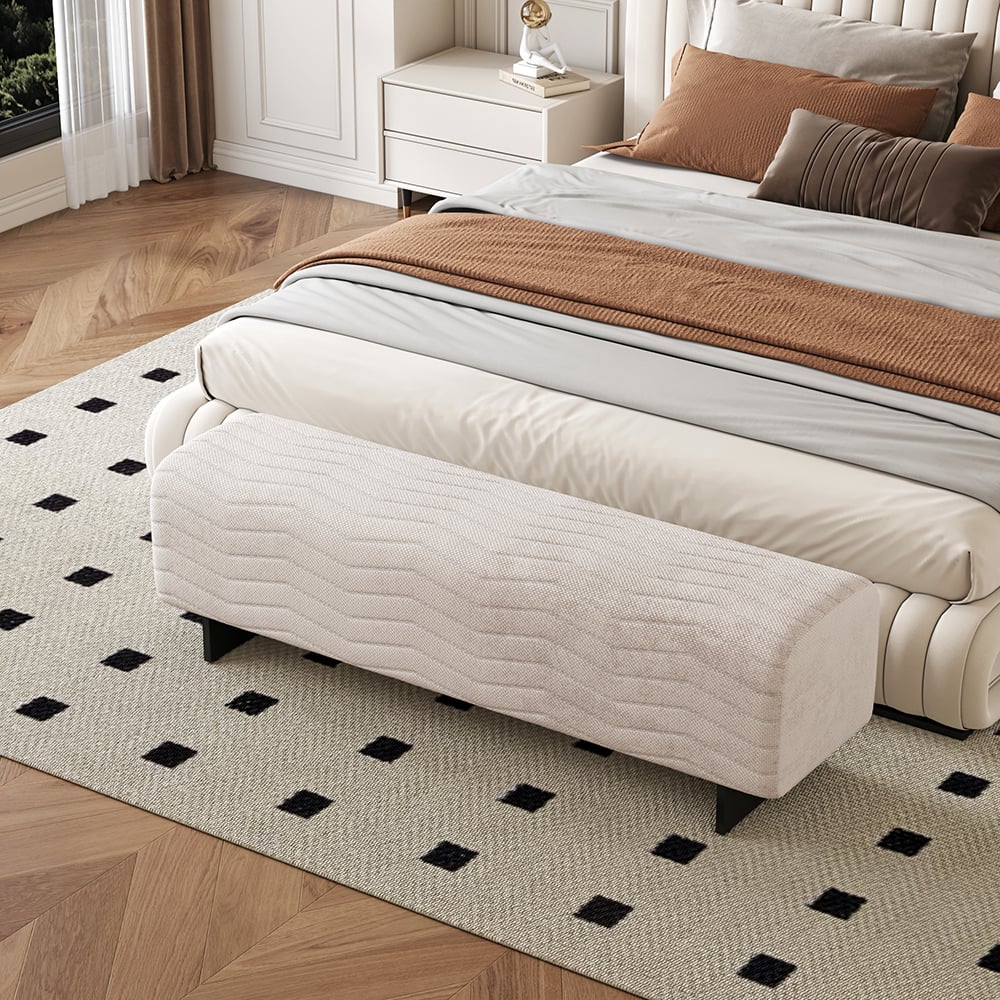 HMR - 57.5"W Modern Beige Knitted Velvet Upholstered Bedroom Bench with Stainless Steel Legs